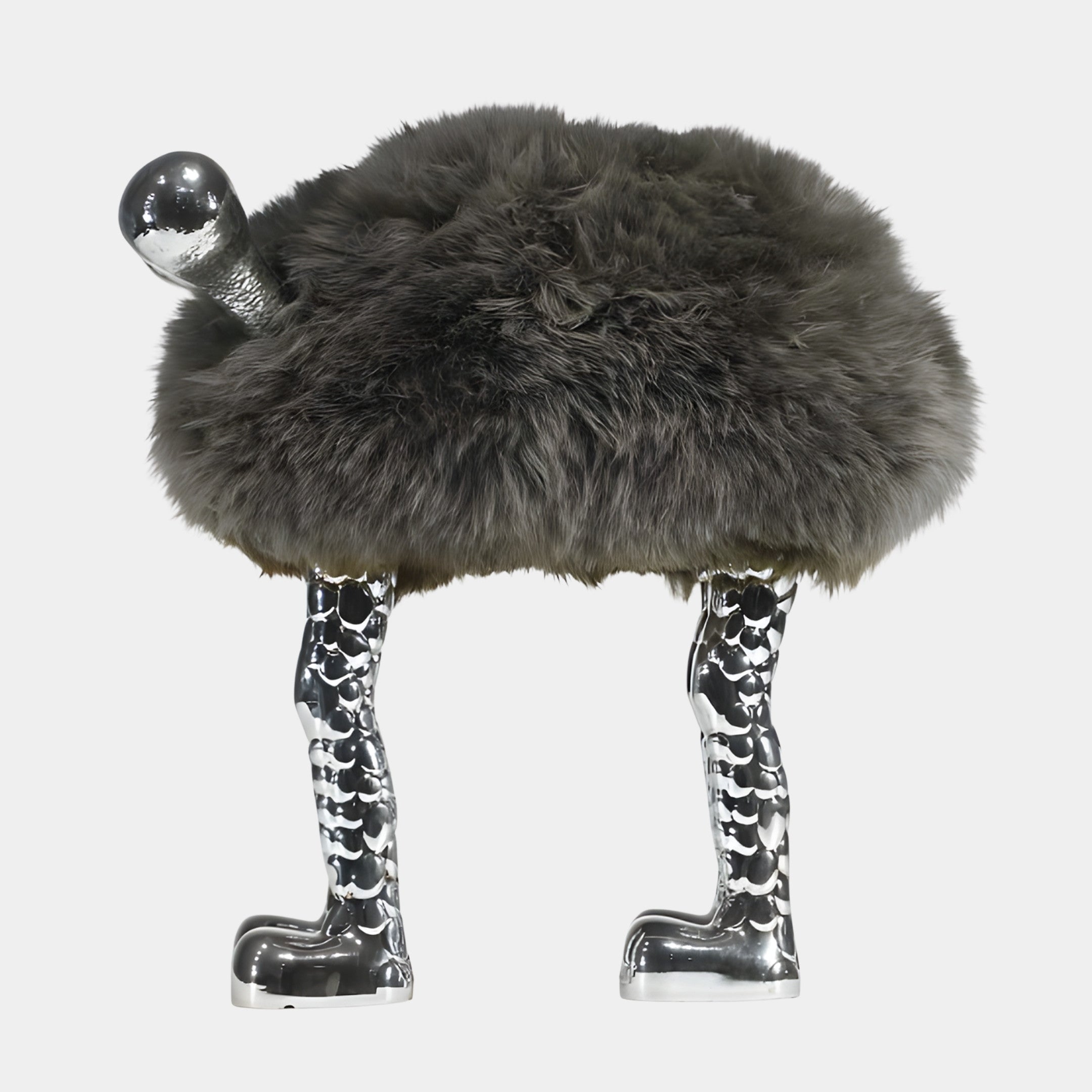 Giant Sculptures Grey Fuzzy Ostrich Stool 60cm with a plump faux-fur body and polished chrome-silver head, legs, and feet, shown on a plain background.