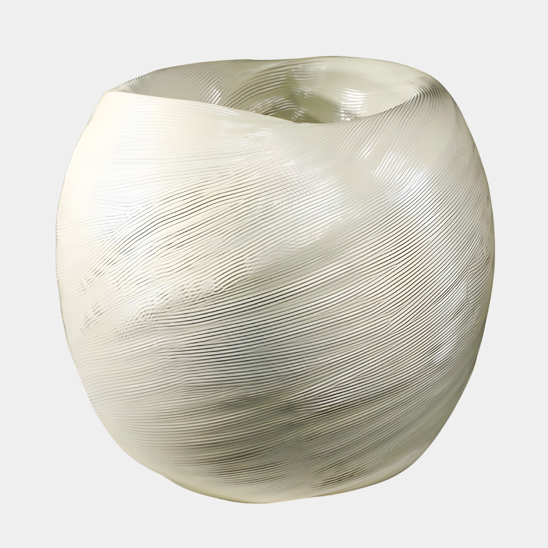 White Abstract Textured Vessel by Giant Sculptures, a rounded 3D-printed resin form with fine swirling grooves in soft cream, shown on a plain background.