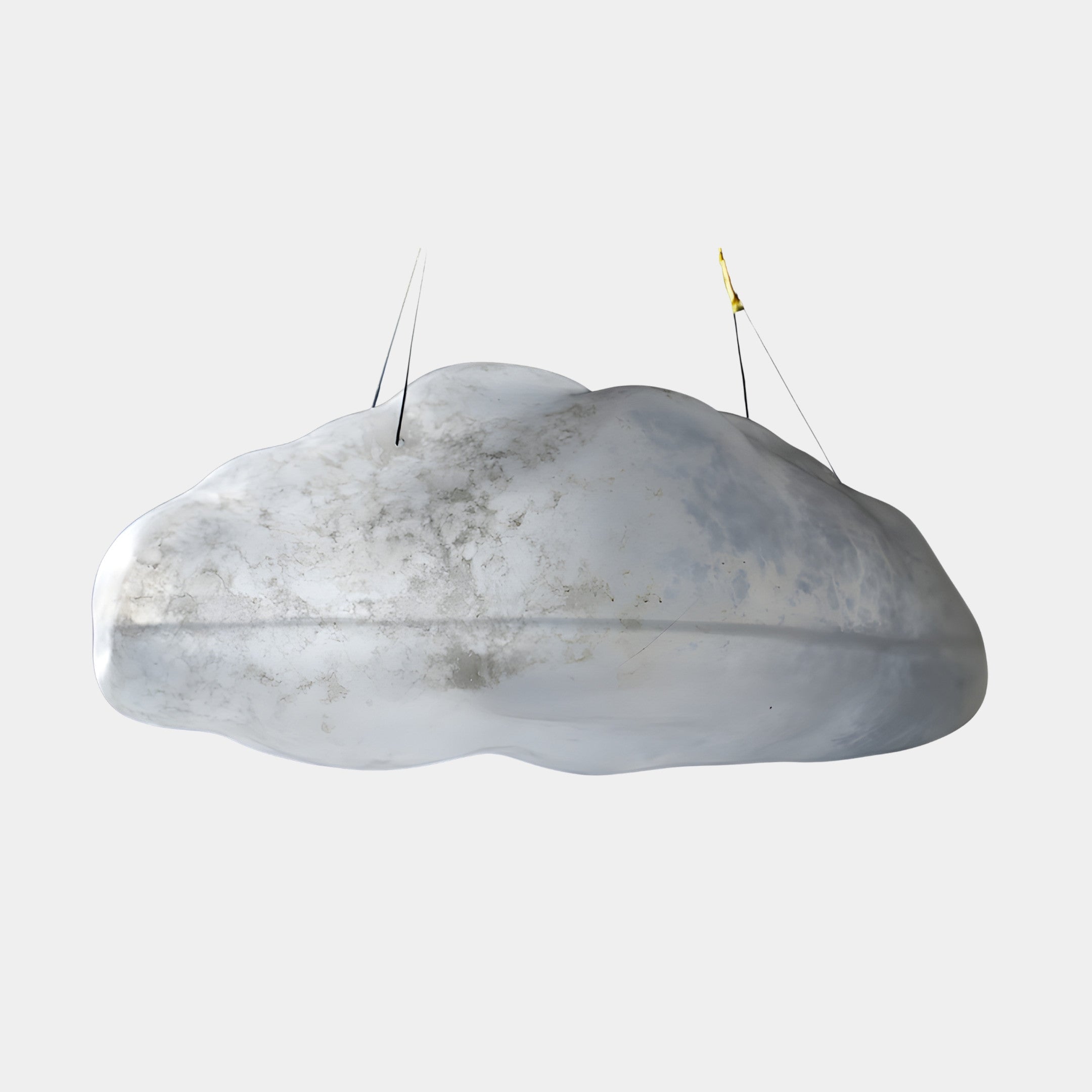 White Abstract Cloud Rock Hanging Sculpture by Giant Sculptures, 70cm wide resin cloud with marbled grey shading, suspended on fine wires against a pale background.