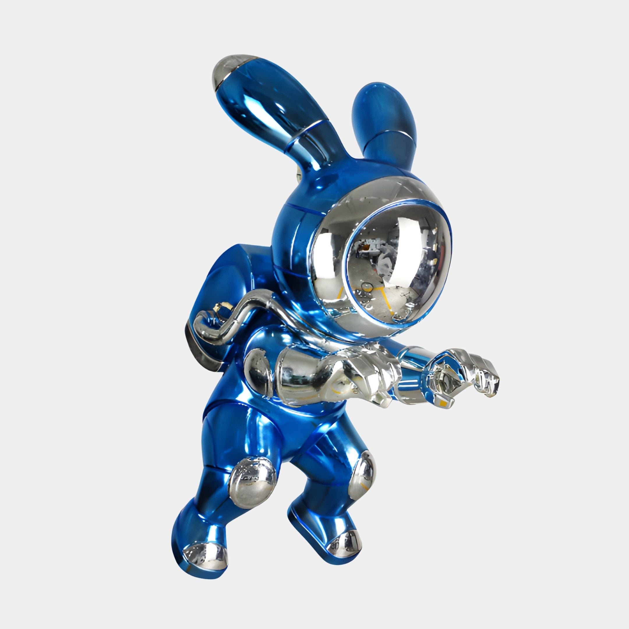 Blue Metallic Rabbit Character Sculpture from Giant Sculptures, a 145cm 3D-printed resin astronaut bunny with chrome visor, silver gloves and boots, on a plain background.