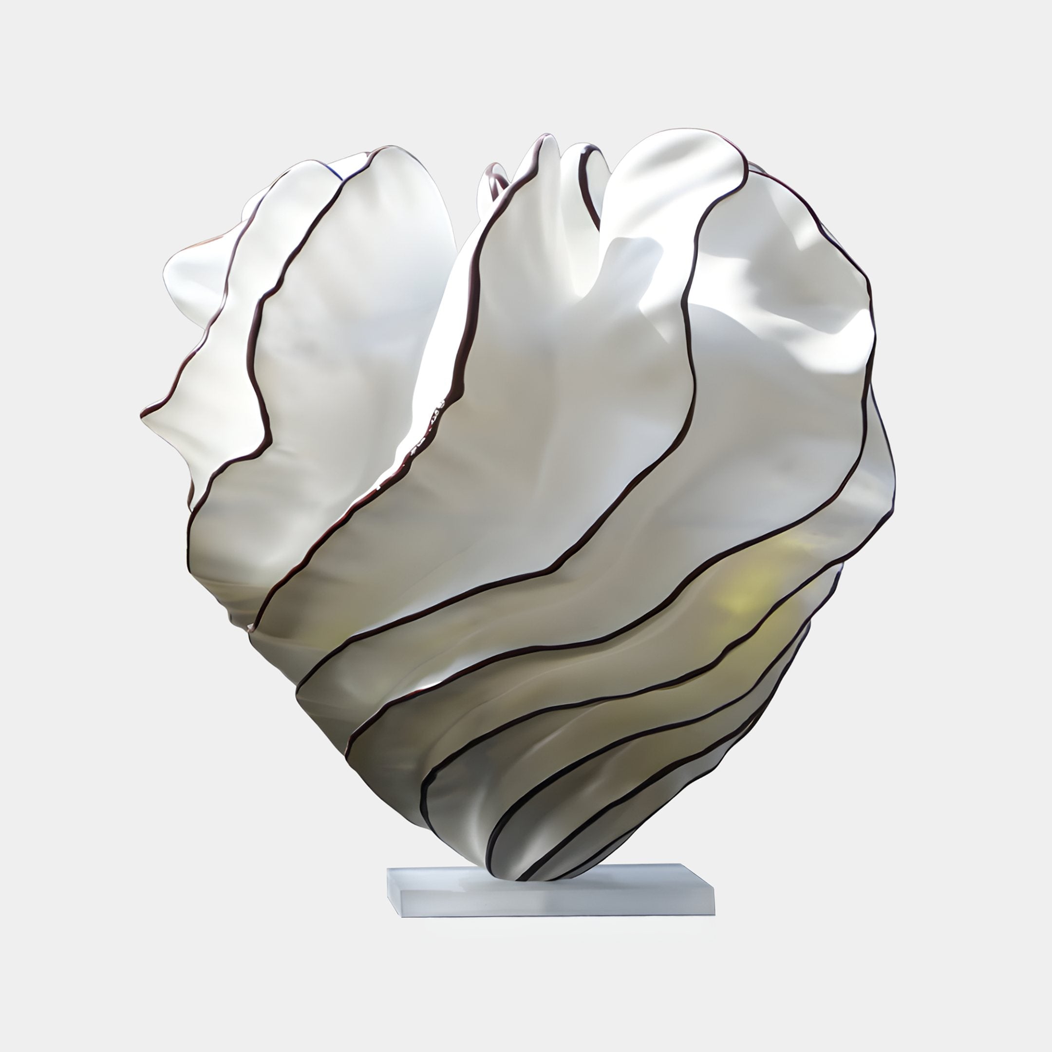 White Abstract Shell Bloom Sculpture by Giant Sculptures, glossy 3D-printed resin with dark line-traced edges forming a heart-shaped bloom on a slim base, shown against a plain background.