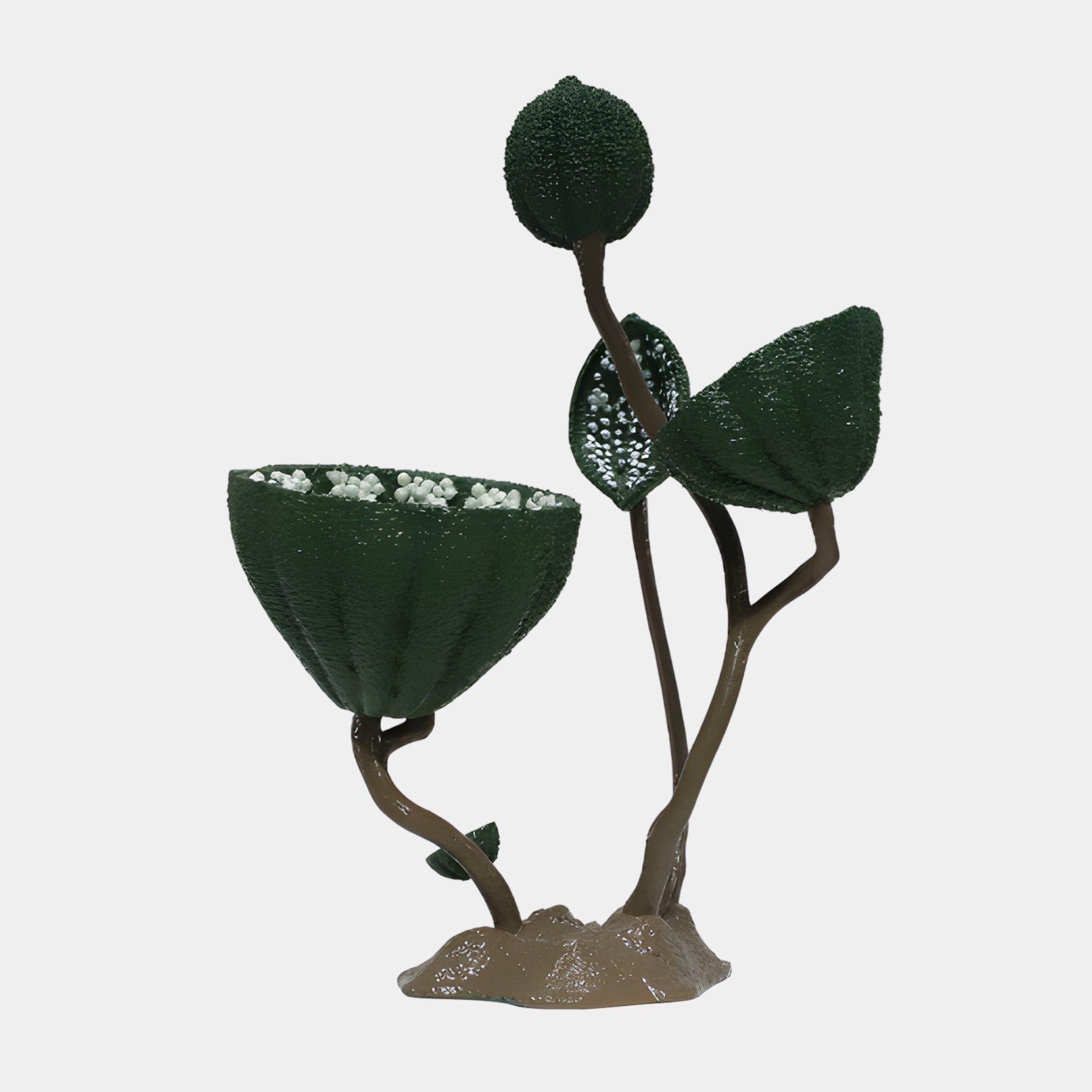 Giant Sculptures Green Leaf Plant with Seeds Sculpture 63cm, with cupped textured leaves holding white seeds and a mossy pod on brown stems, on a plain background.