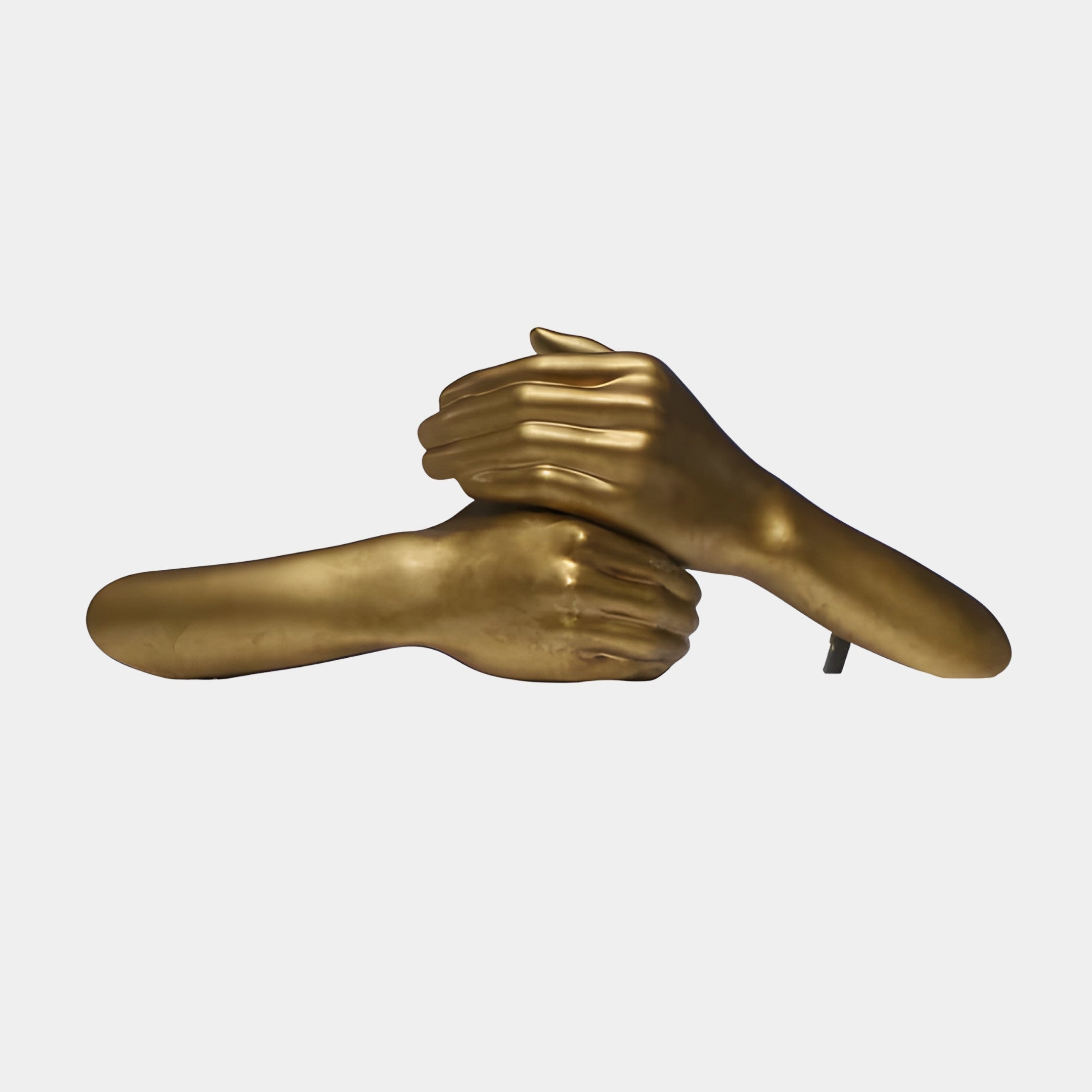 Gold Abstract Hand Clasp Sculpture by Giant Sculptures, 51cm wide, showing two clasped hands in 3D-printed resin with a warm gold finish on a plain background.