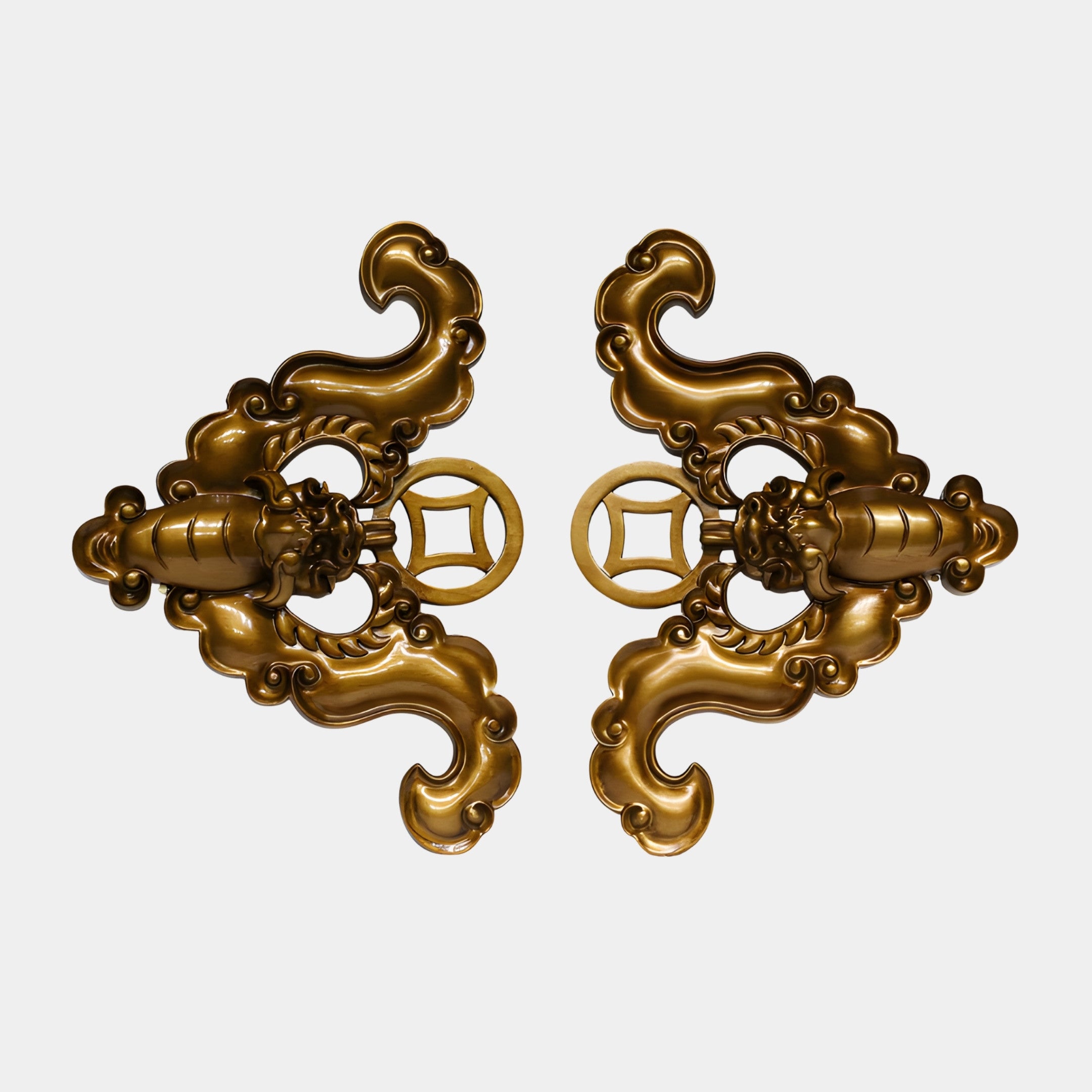 Giant Sculptures Gold Abstract Chinese Dragon Pair, 36cm mirror-image 3D-printed resin wall pieces with scrolling clouds and coin rings in antique gold on white.