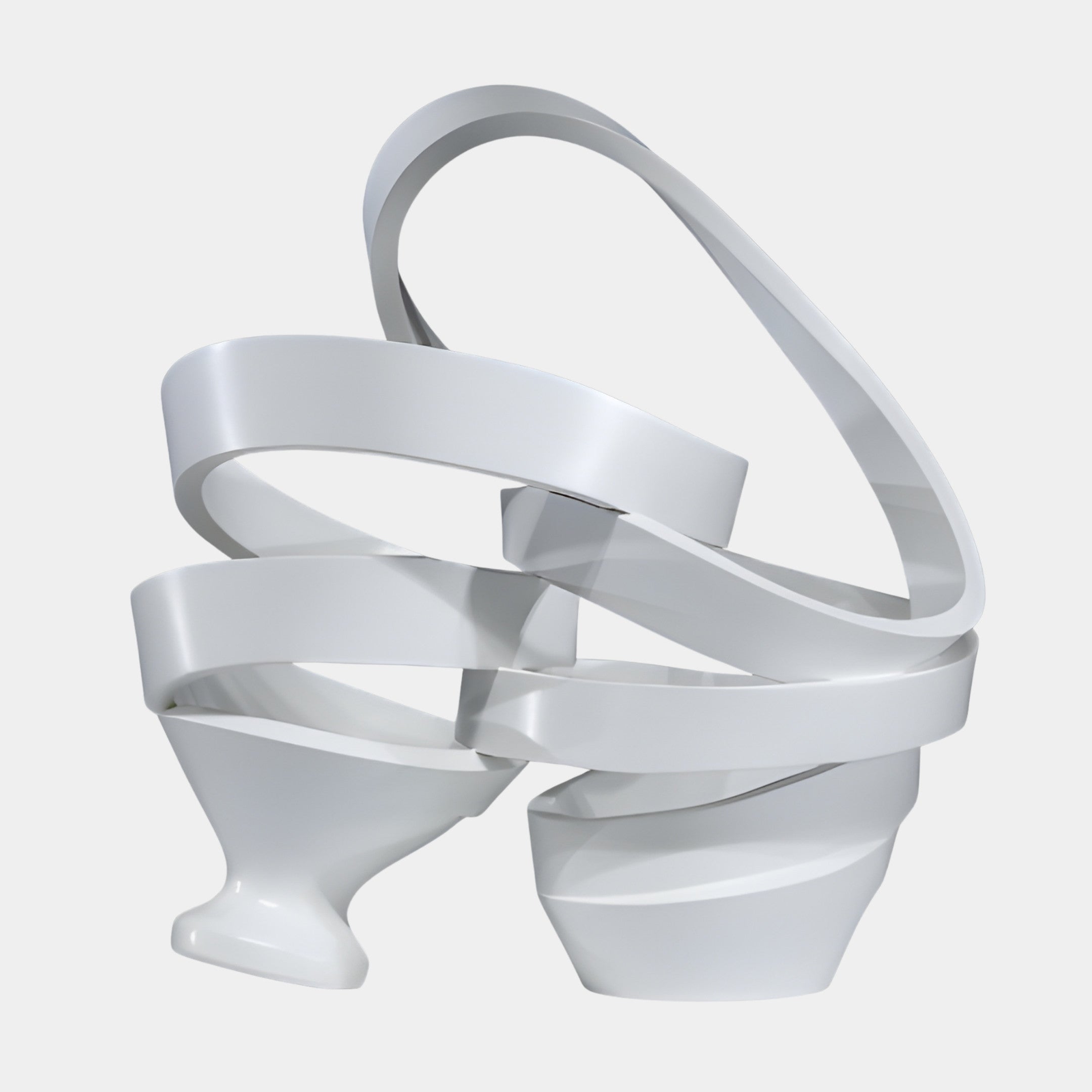 White Abstract Flowing Loop Sculpture by Giant Sculptures, 49cm, with intertwined ribbon-like bands curling in a continuous loop, shown against a plain light background.