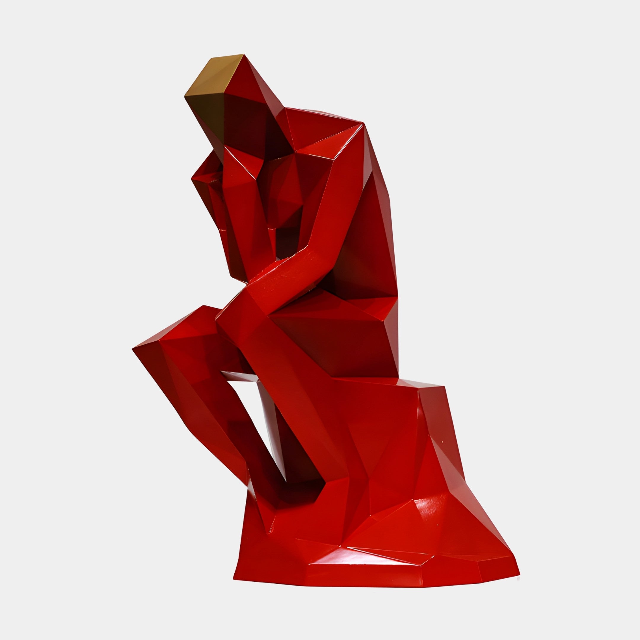 Giant Sculptures Red Geometric Thinker Figure Sculpture 65cm in glossy red 3D-printed resin with a gold-topped head, shown seated in a chin-on-hand pose.