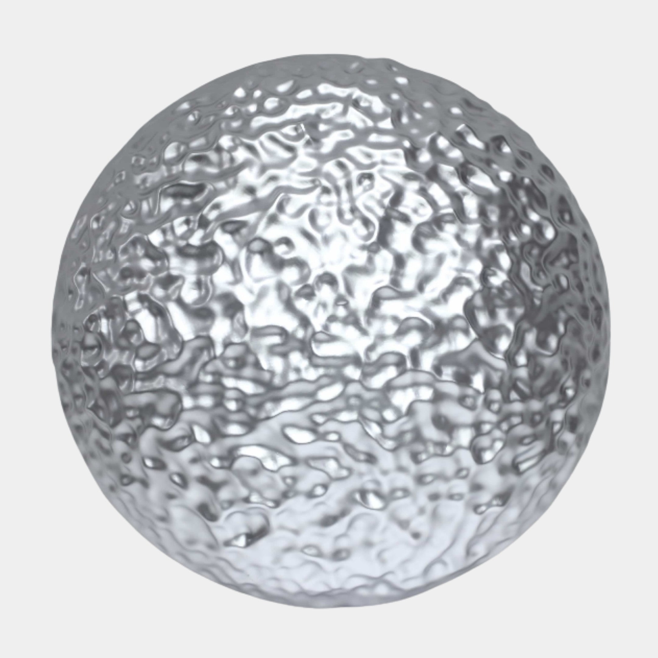 Giant Sculptures Silver Textured Sphere Sculpture 105cm in 3D-printed resin with a hammered, dimpled chrome-silver finish, shown against a plain light background.