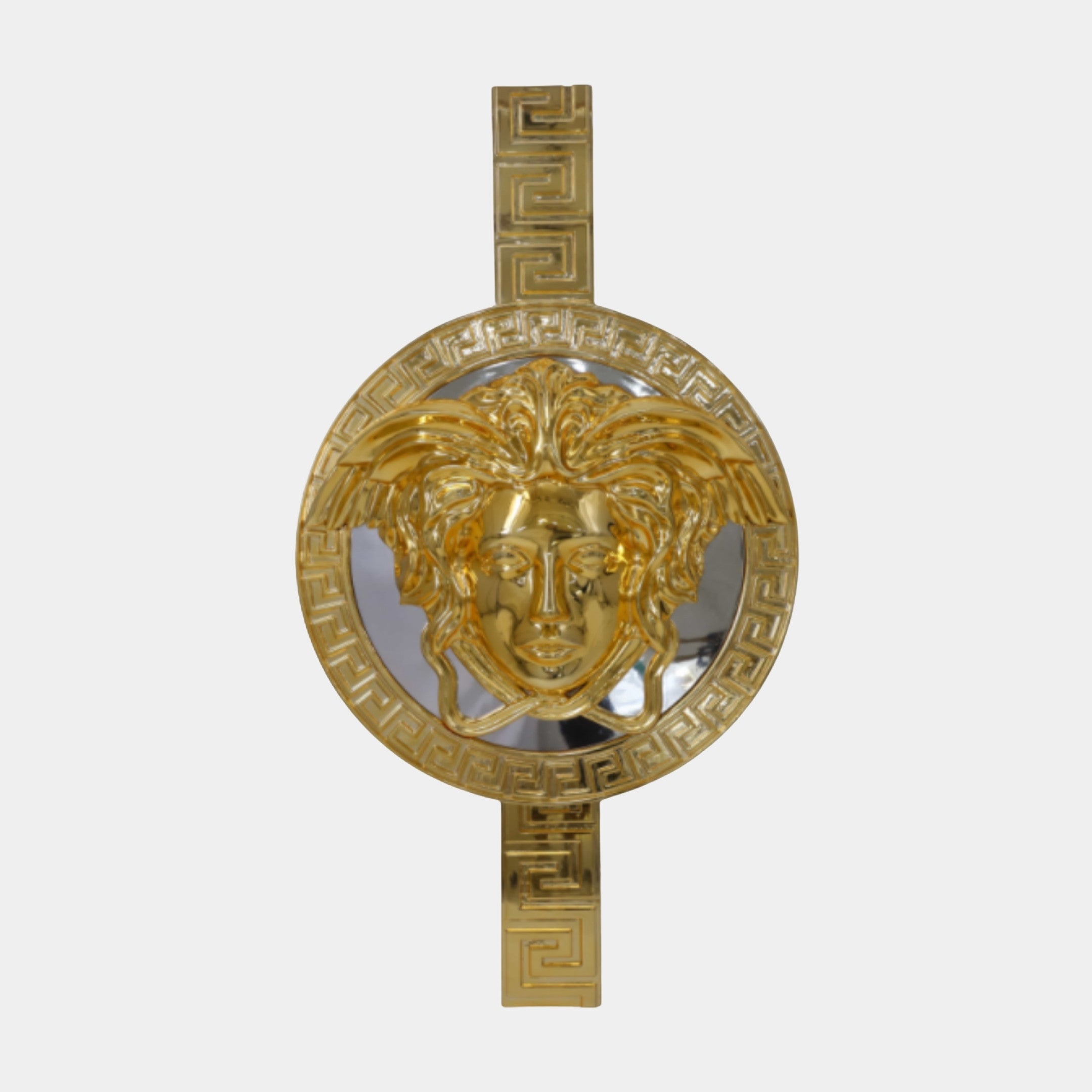 Giant Sculptures Gold Medusa Medallion Pendant, a 181cm 3D-printed resin wall piece with Greek-key bands and a chrome disc centre, on a plain background.