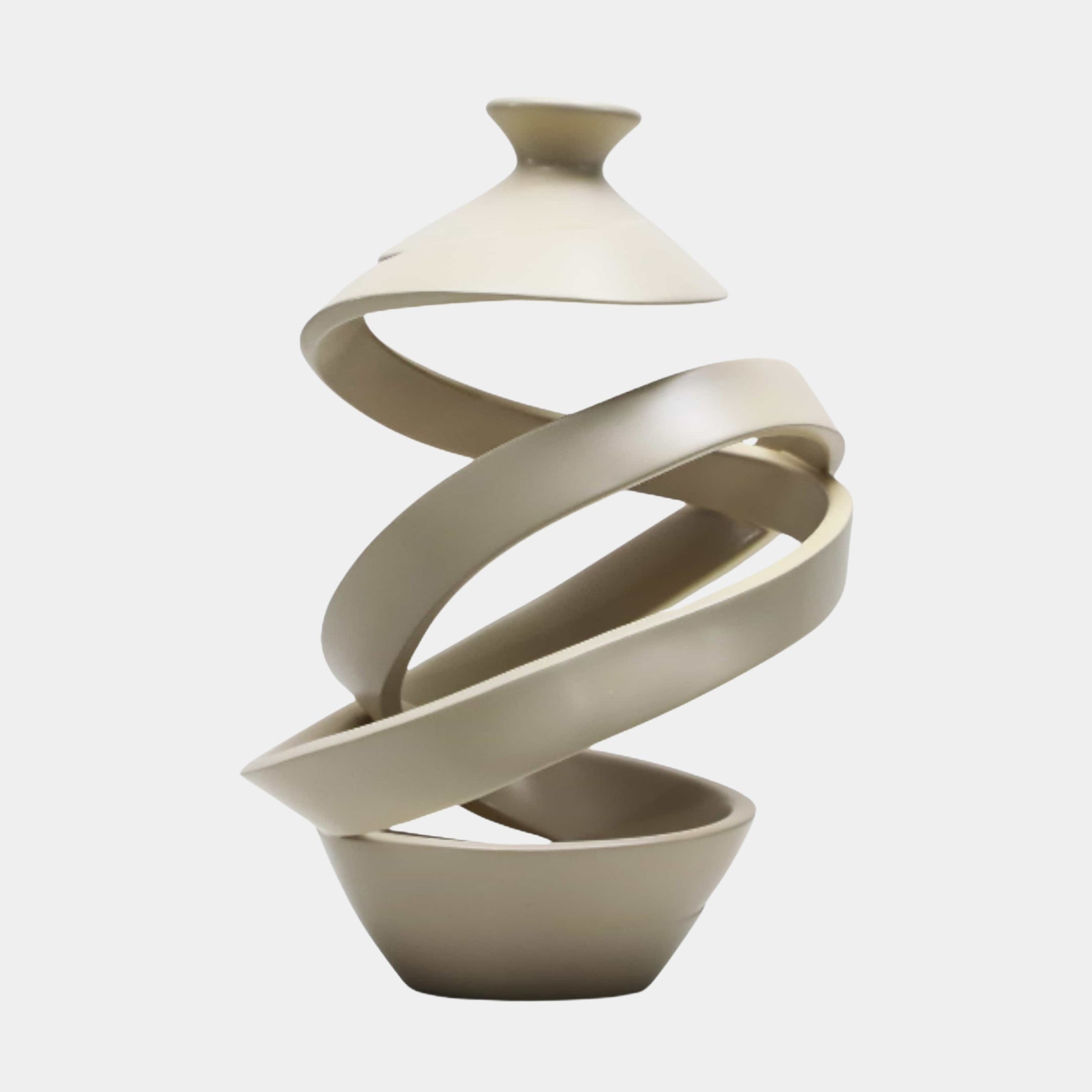 Giant Sculptures Cream Abstract Ribbon Vase 41cm in 3D-printed resin, spiralling from a footed base to a flared rim in matte cream against a plain background.
