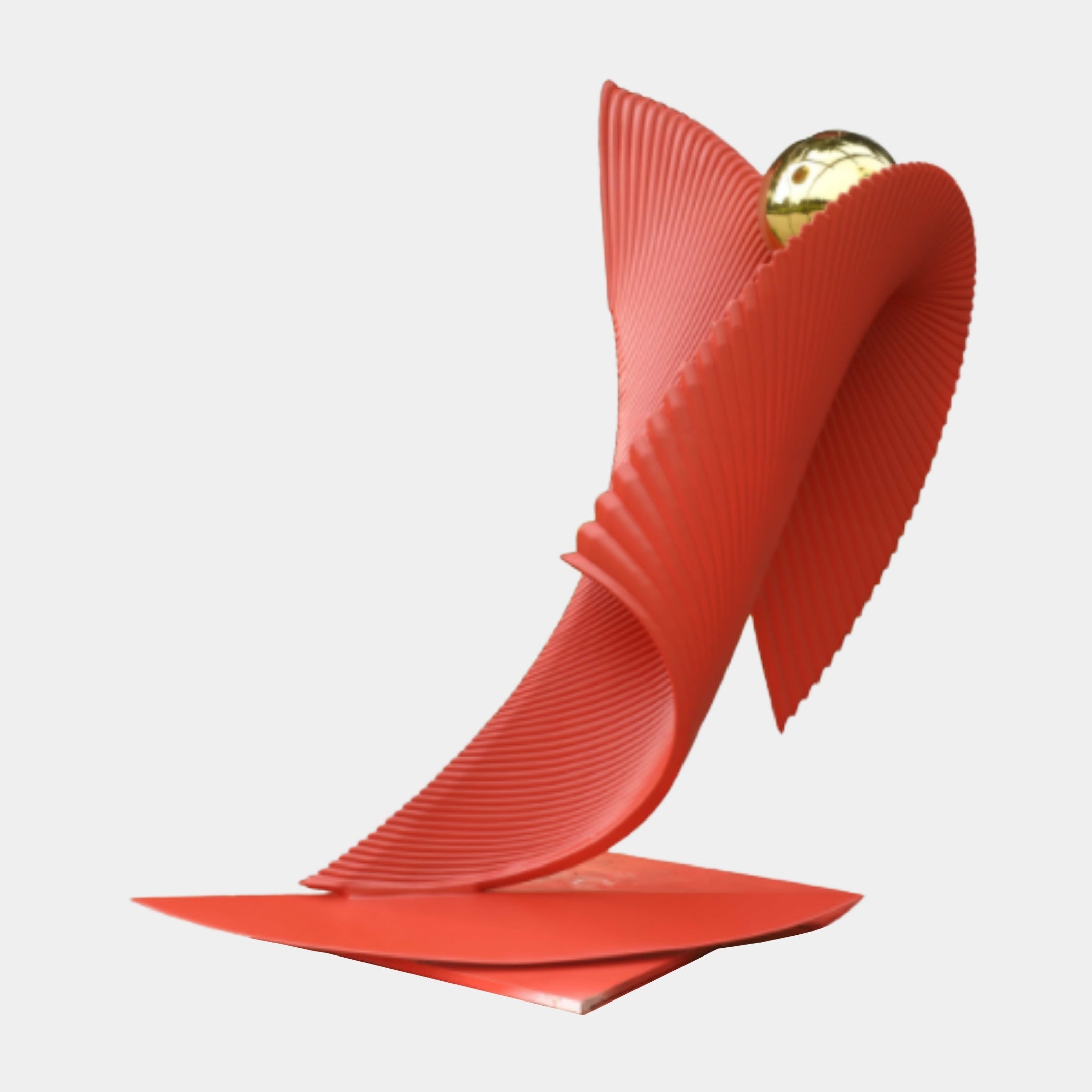 Giant Sculptures Red Abstract Pleated Form with Gold Sphere 158cm, a 3D-printed resin sculpture of upward-twisting pleated fans cradling a gold orb, on a red base.