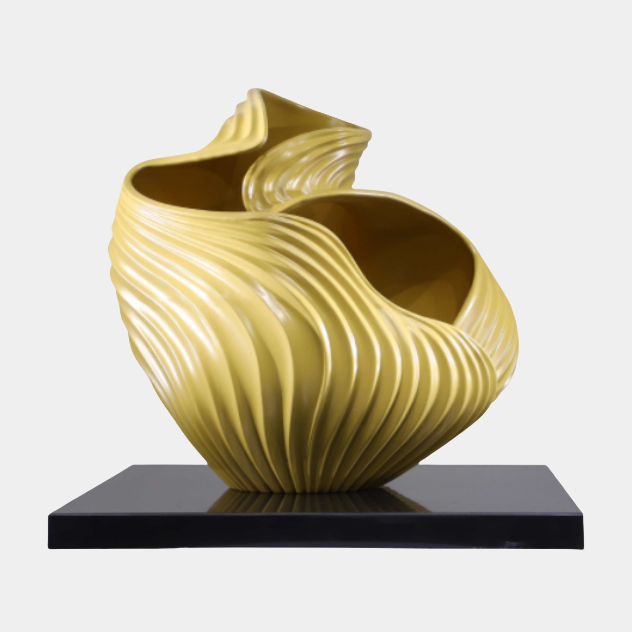 Gold Striped Abstract Spiral Vessel by Giant Sculptures, a 70cm 3D-printed resin shell-like form with rippling folds in golden ochre on a black marble base.