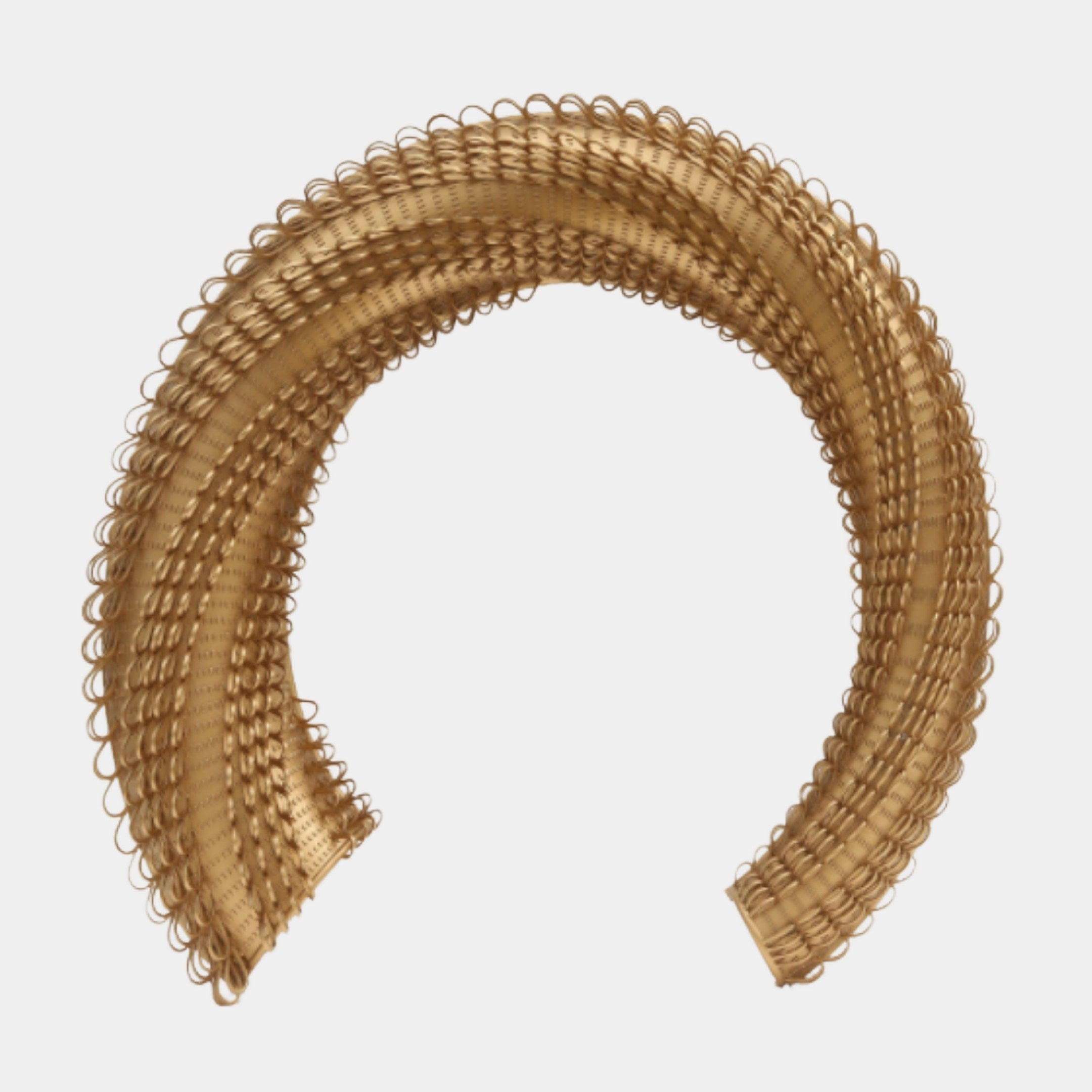 Giant Sculptures Gold Woven Crescent Arc Sculpture, 86cm, with densely coiled rope-like 3D-printed resin texture in a warm gold finish on a plain background.