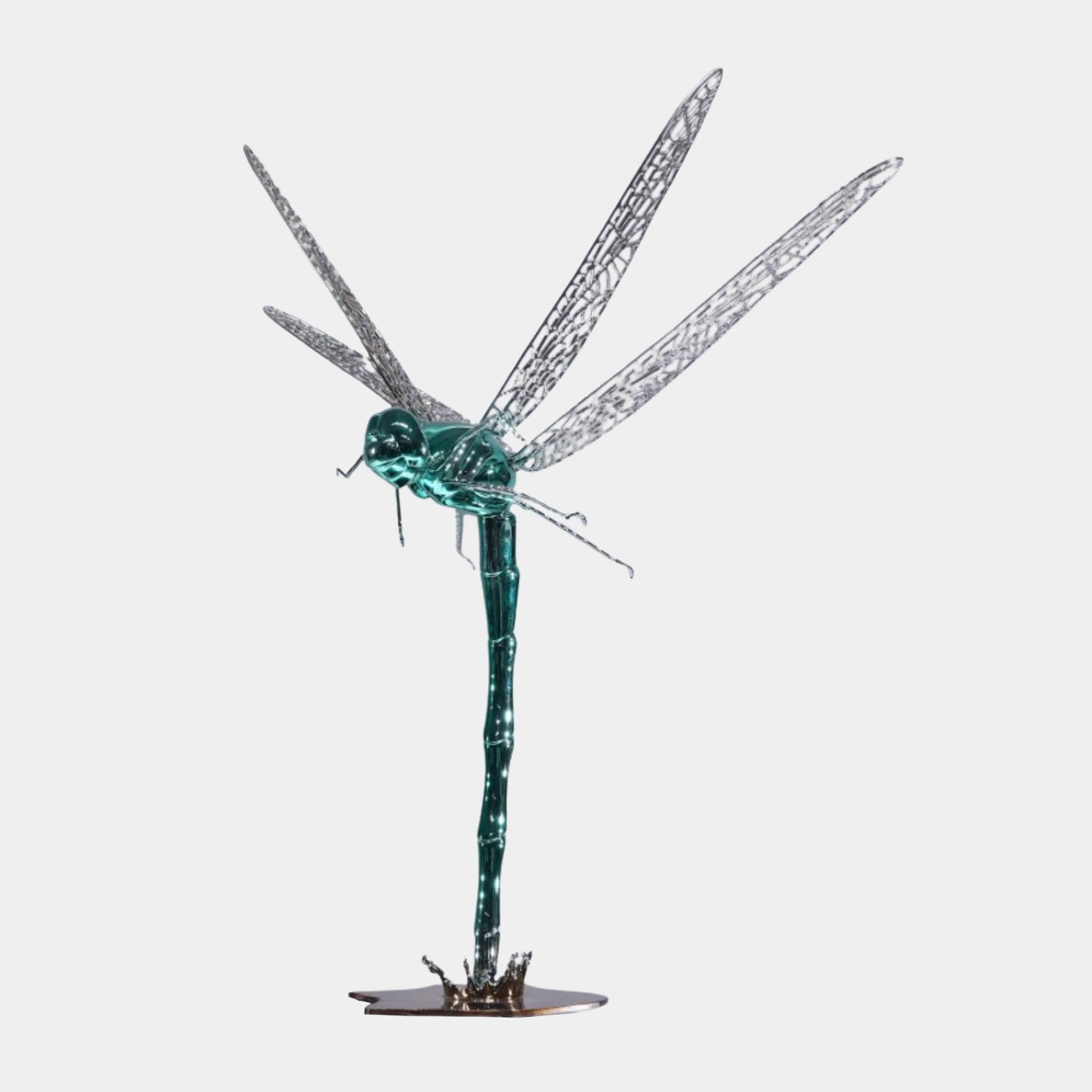 Giant Sculptures 70cm Green Metallic Dragonfly Sculpture in stainless steel, with a teal body and filigree silver wings, mounted on a small base against a pale background.