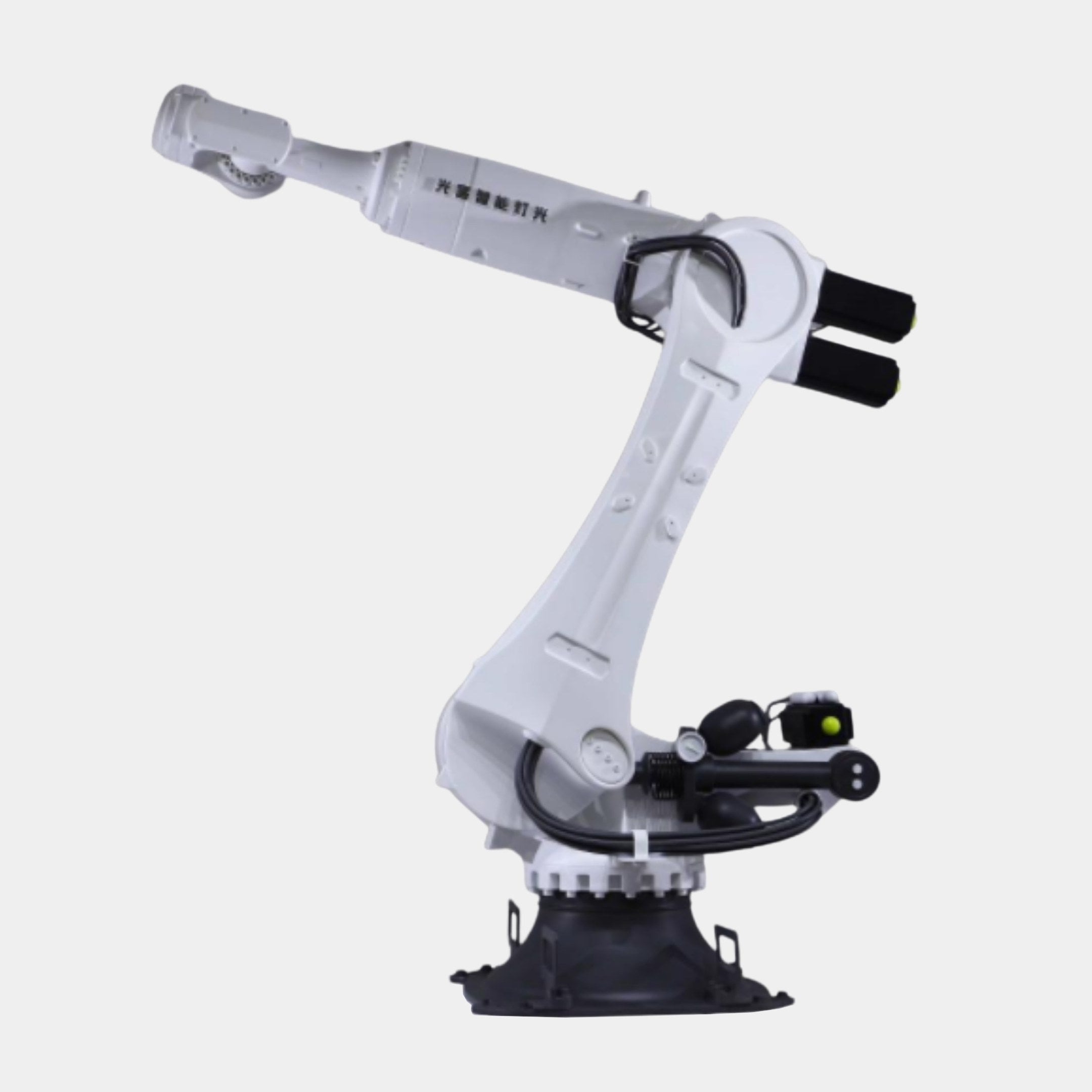 White Industrial Robot Arm Sculpture by Giant Sculptures, 114cm 3D-printed resin model with articulated joints, black fittings, and a sturdy base on a plain background.