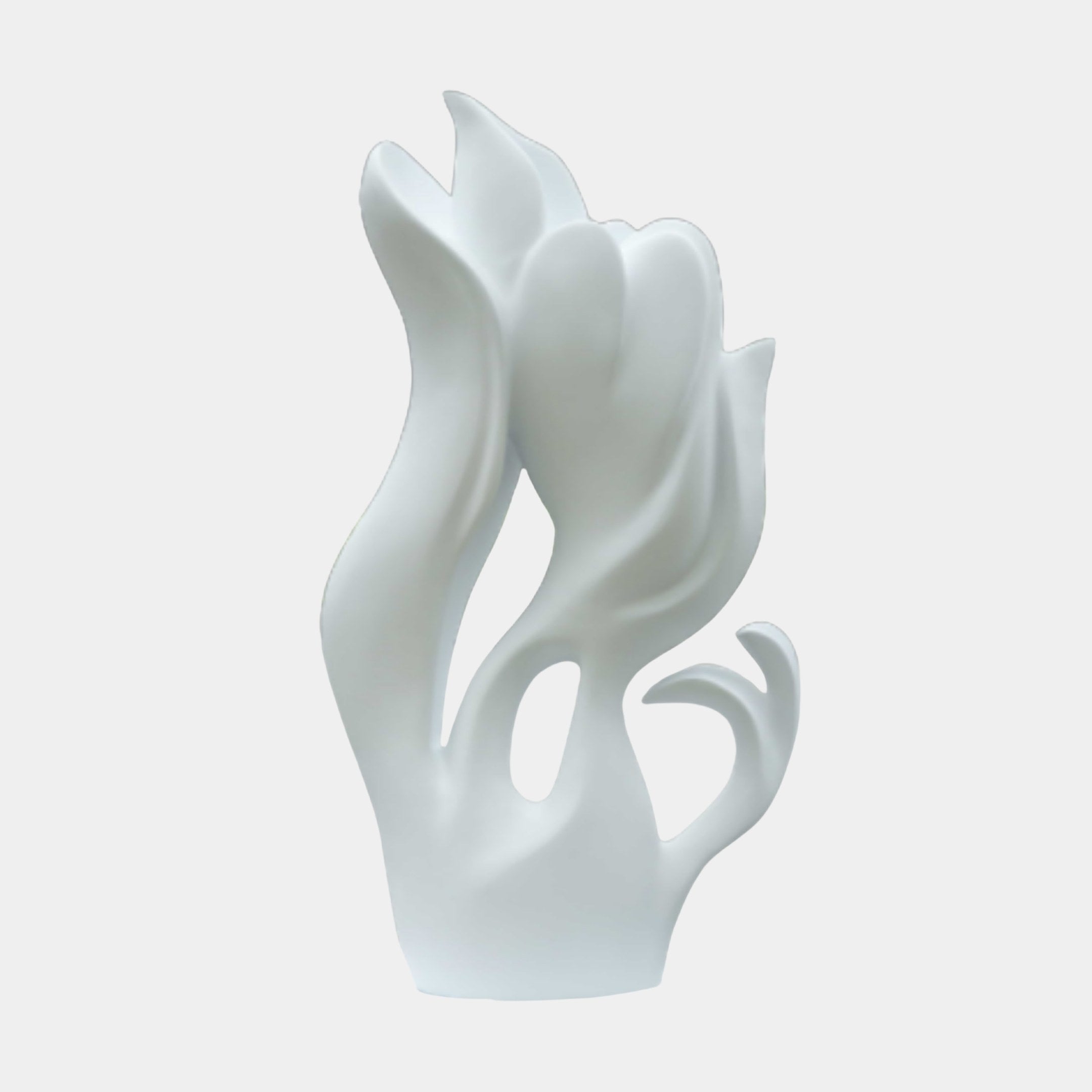 White Abstract Swan Single Sculpture by Giant Sculptures, 95cm matte fibreglass piece with flowing flame-like curves suggesting a swan's arching neck, on a plain background.