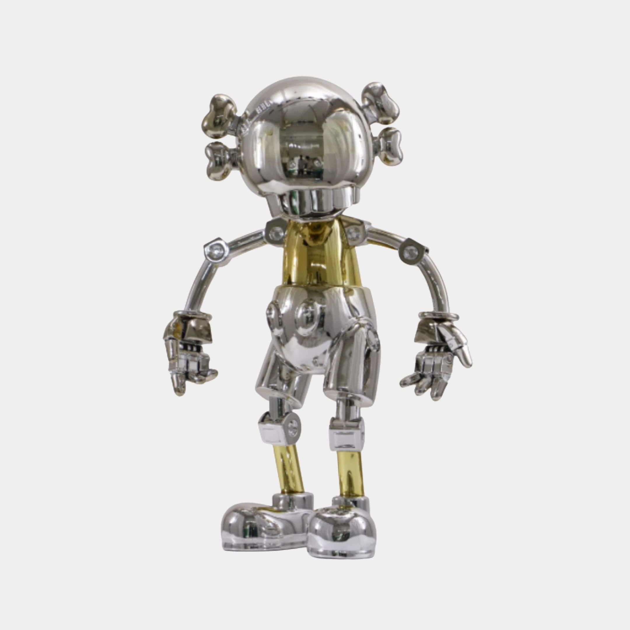 Giant Sculptures Silver & Gold Robot Character Sculpture 78cm with chrome head, limbs and boots and gold torso, standing front-facing on a plain background.