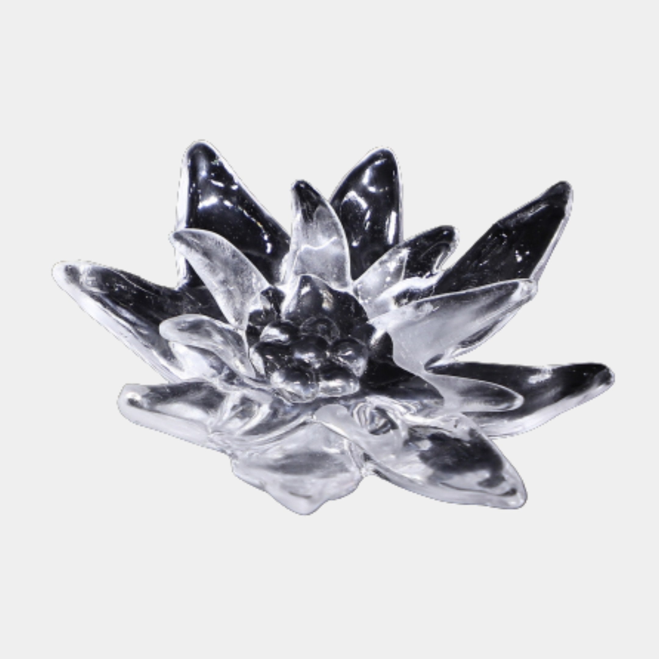 Clear Crystal Lotus Flower Sculpture from Giant Sculptures, 18cm wide, with layered glass-like resin petals around a clustered center, shown on a plain light background.