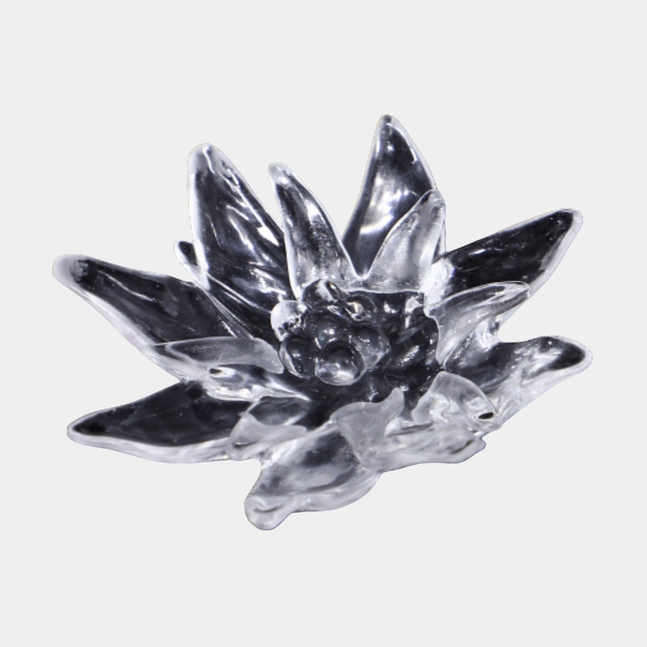 Clear Crystal Lotus Flower Sculpture by Giant Sculptures, 31cm wide resin bloom with layered petals and a detailed seed-pod centre, shown on a plain white background.