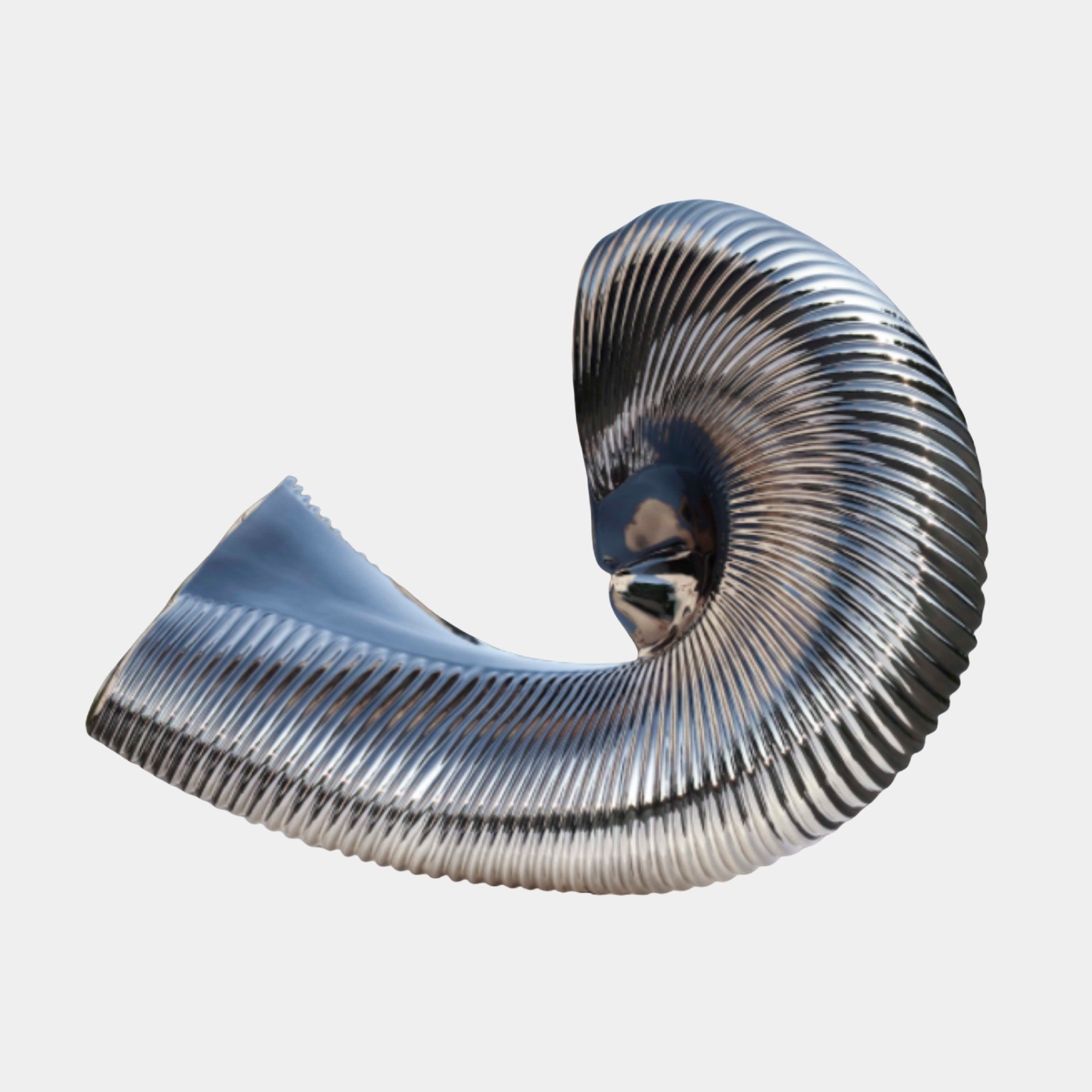 Giant Sculptures Silver Spiral Nautilus Shell Sculpture in chrome-finished 3D-printed resin, coiled ribbed form shown at an angle against a plain light background.