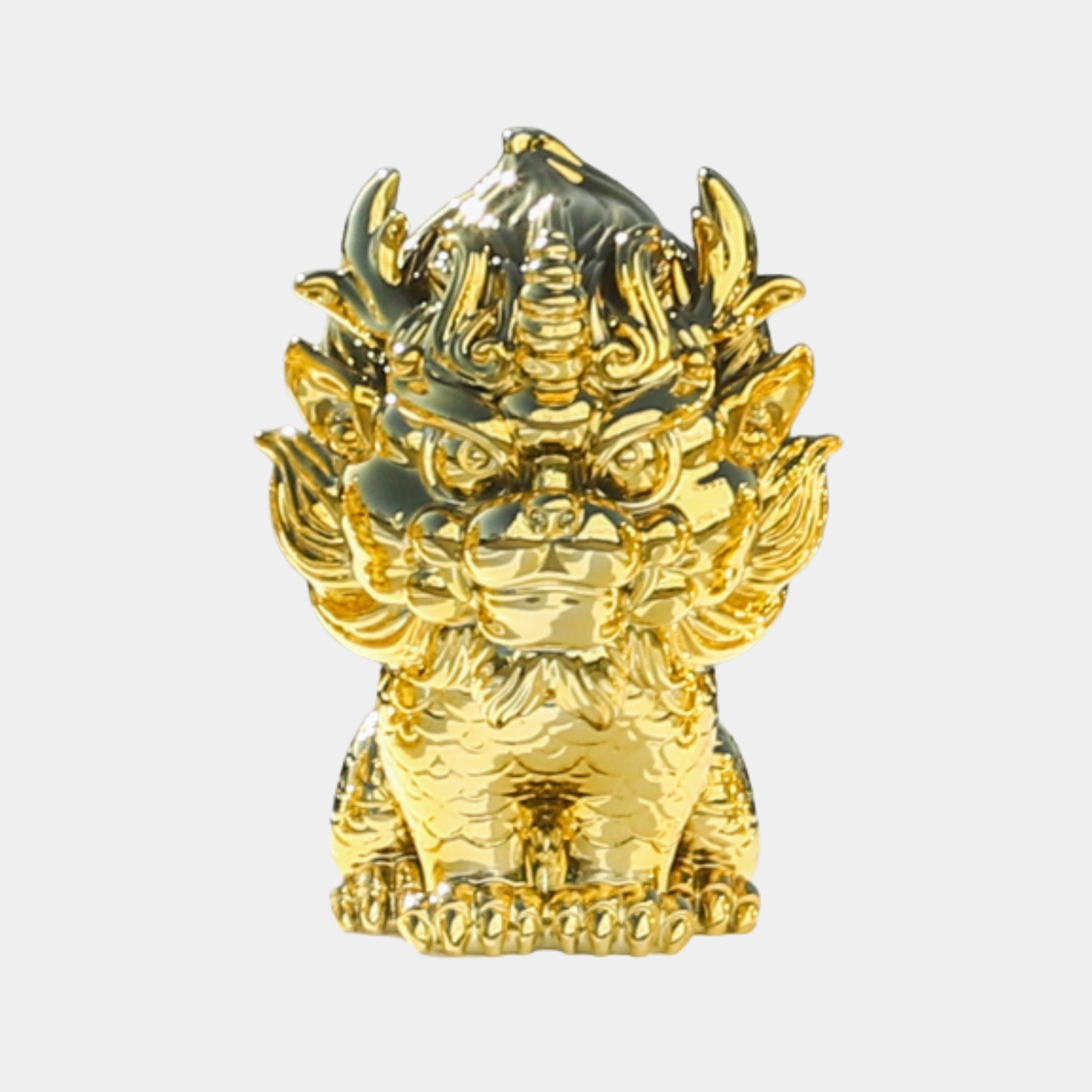 Front view of Giant Sculptures' Gold Chinese Guardian Lion Sculpture 45cm, seated on a lotus base with mirror-finish gold mane and scales, on a plain light background.