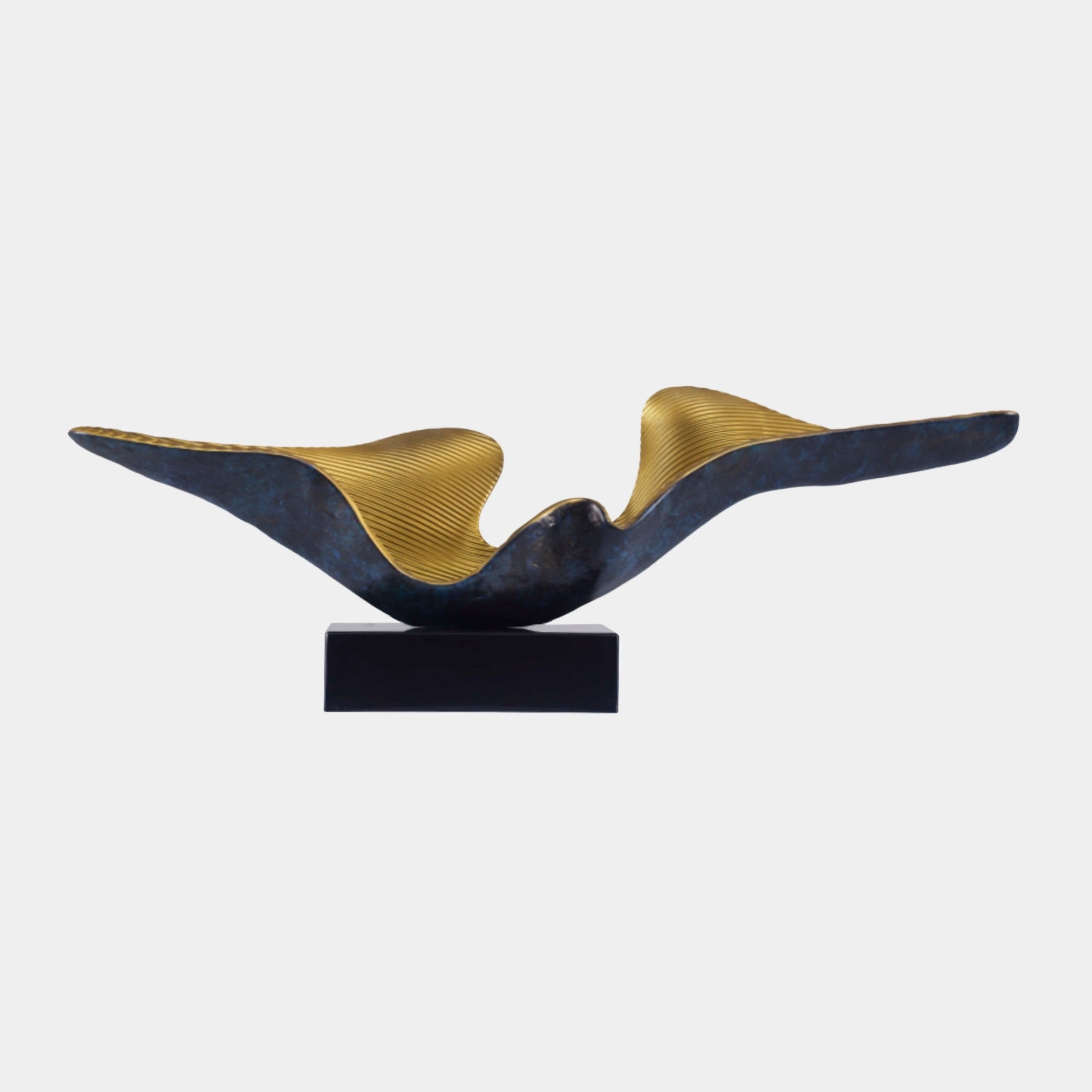Giant Sculptures' 100cm Gold Abstract Bird Form sculpture with outstretched patinated blue-black wings revealing ribbed gold interiors, mounted on a black rectangular base.