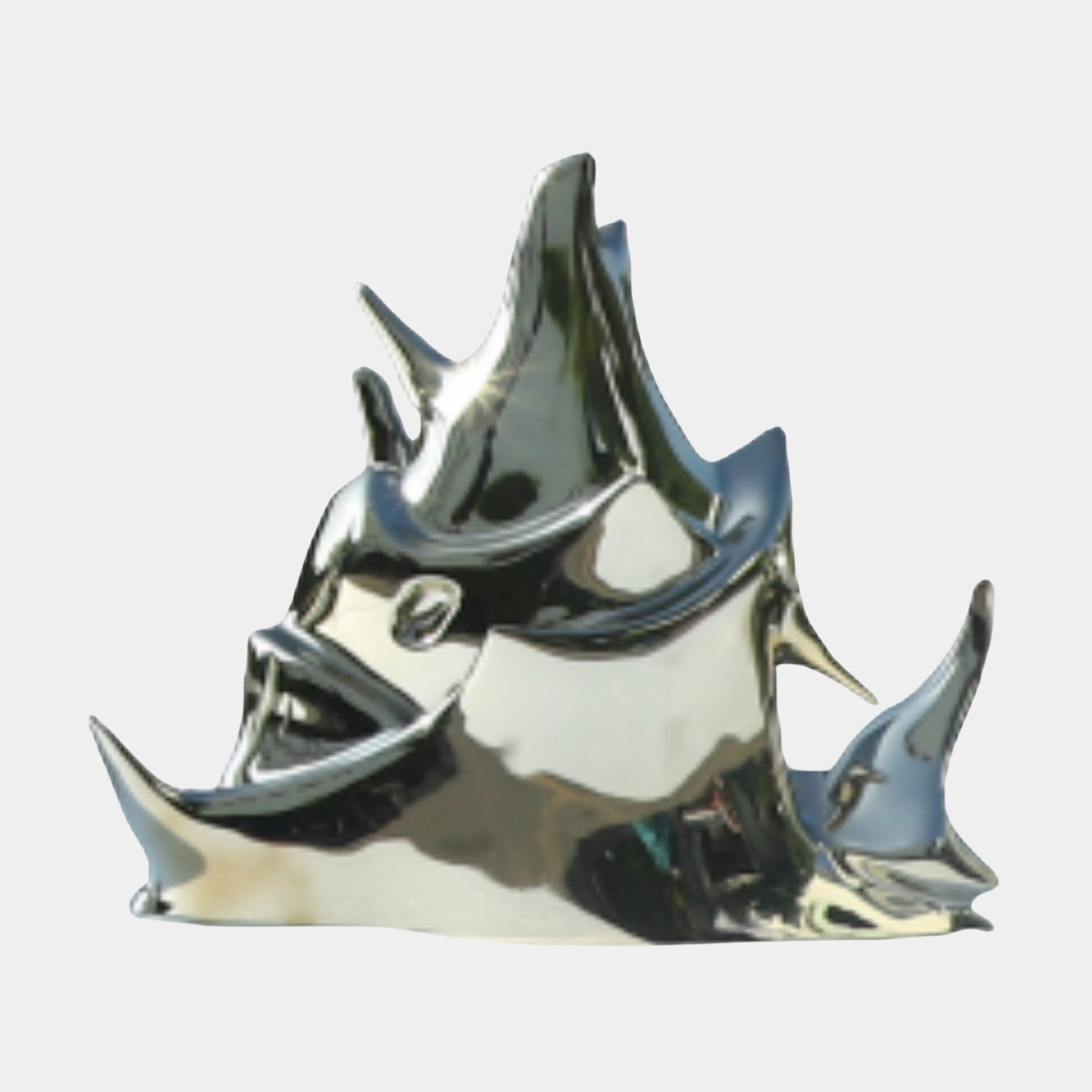 Silver Abstract Rhinoceros Sculpture 35cm by Giant Sculptures, a faceted mirror-chrome rhino head with sweeping angular horns and ears, shown against a plain background.