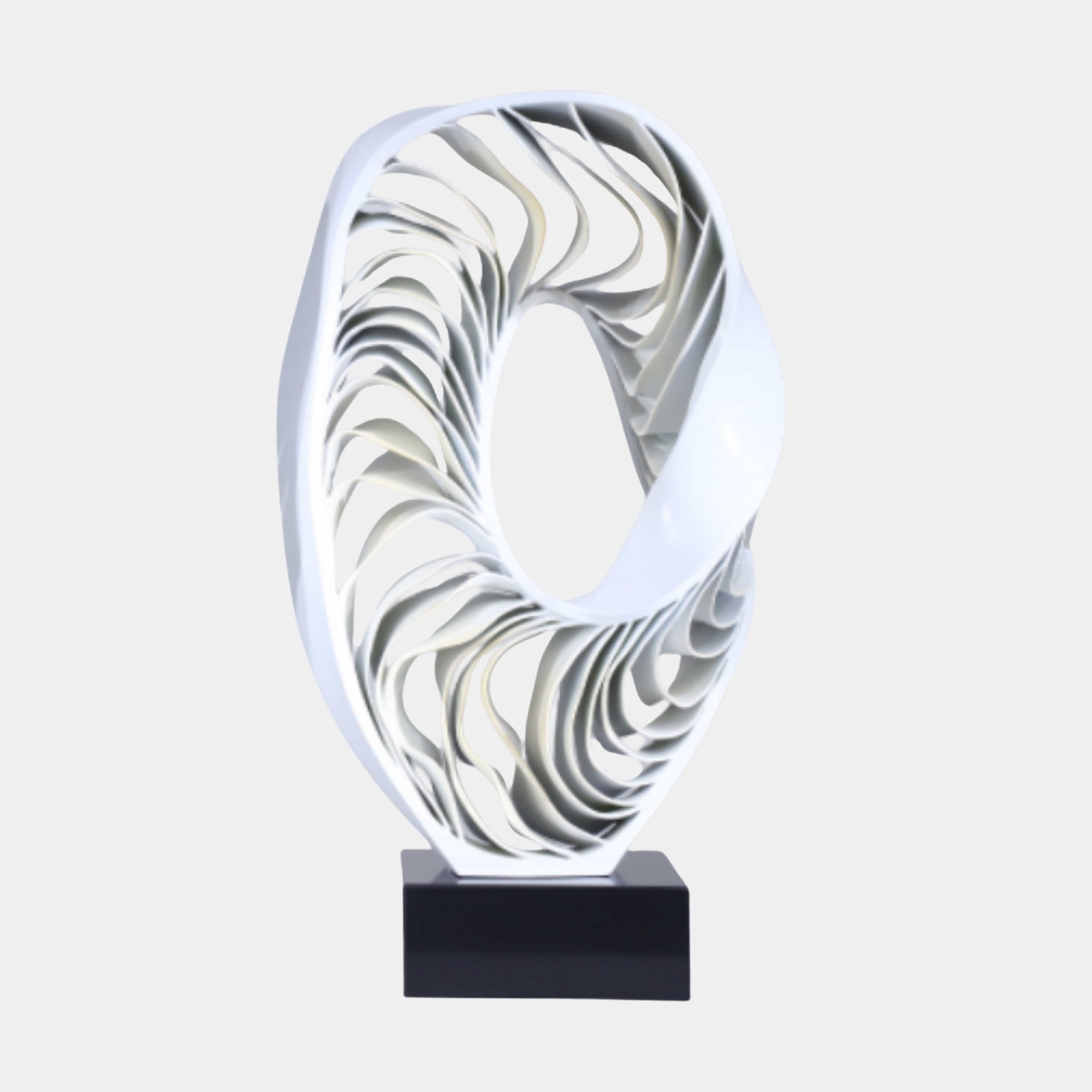 White Pleated Mobius Ring Sculpture 80cm by Giant Sculptures, a 3D-printed resin ring of layered pleated blades on a black marble base, plain background.