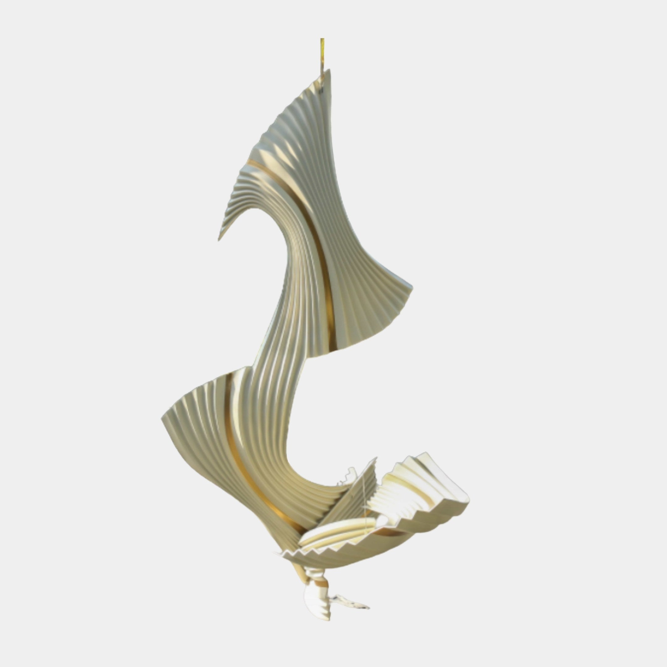 Giant Sculptures Gold Striped Abstract Fan Wing Sculpture 180cm in 3D-printed resin, with pleated wing-like forms twisting upward, suspended against a light background.