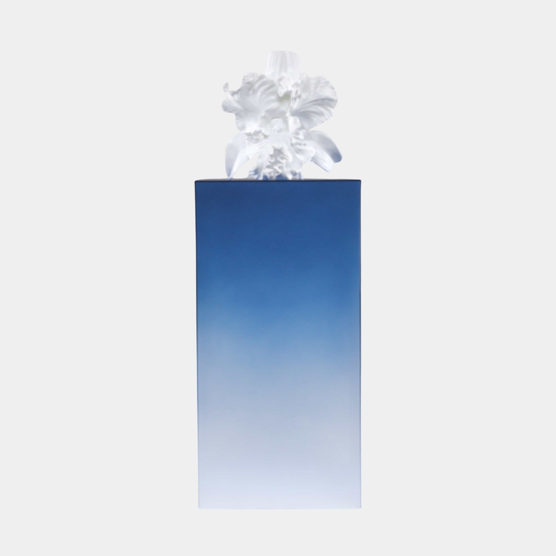 White Crystal Form on Blue Pedestal Sculpture by Giant Sculptures, featuring a frosted floral bloom atop a tall blue-to-white gradient acrylic column, 140cm.