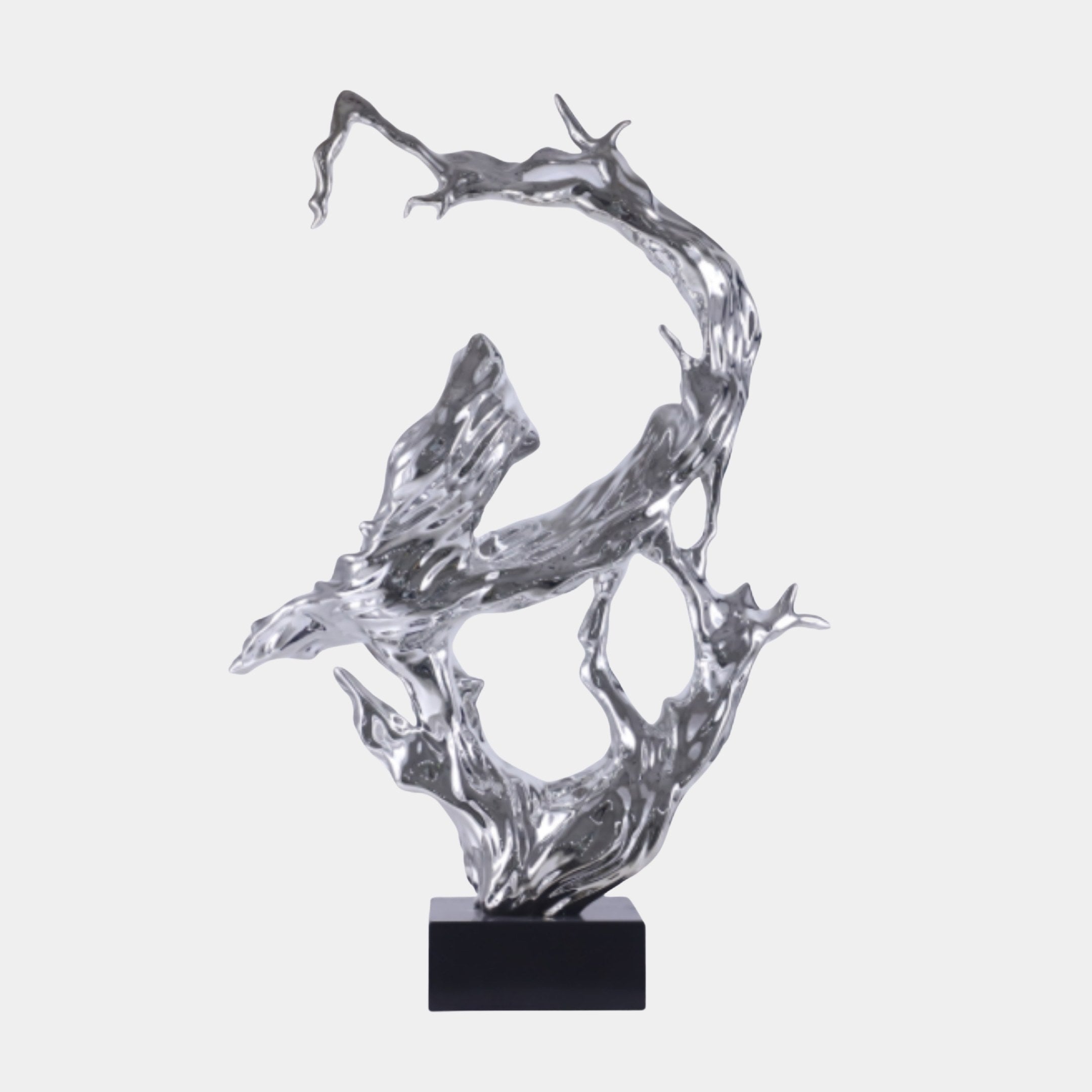 Silver Abstract Water Splash Loop Sculpture by Giant Sculptures, a 106cm chrome-finish resin piece with curling tendrils on a black marble base.