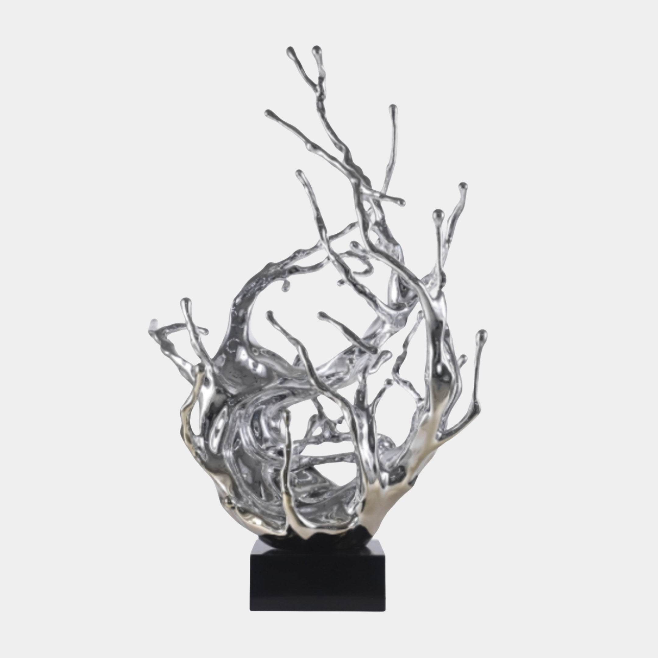 Silver Abstract Water Splash Spiral Sculpture by Giant Sculptures, chrome-finish 3D-printed resin tendrils rising from a black marble base on a plain background.
