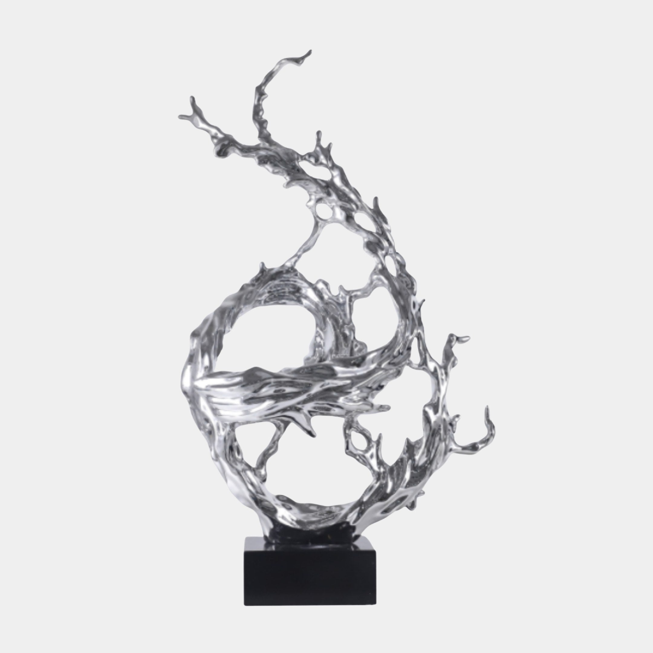 Giant Sculptures' Silver Abstract Water Splash Ring Sculpture in chrome-finish resin, showing curling looped tendrils on a black marble base against a plain white background.