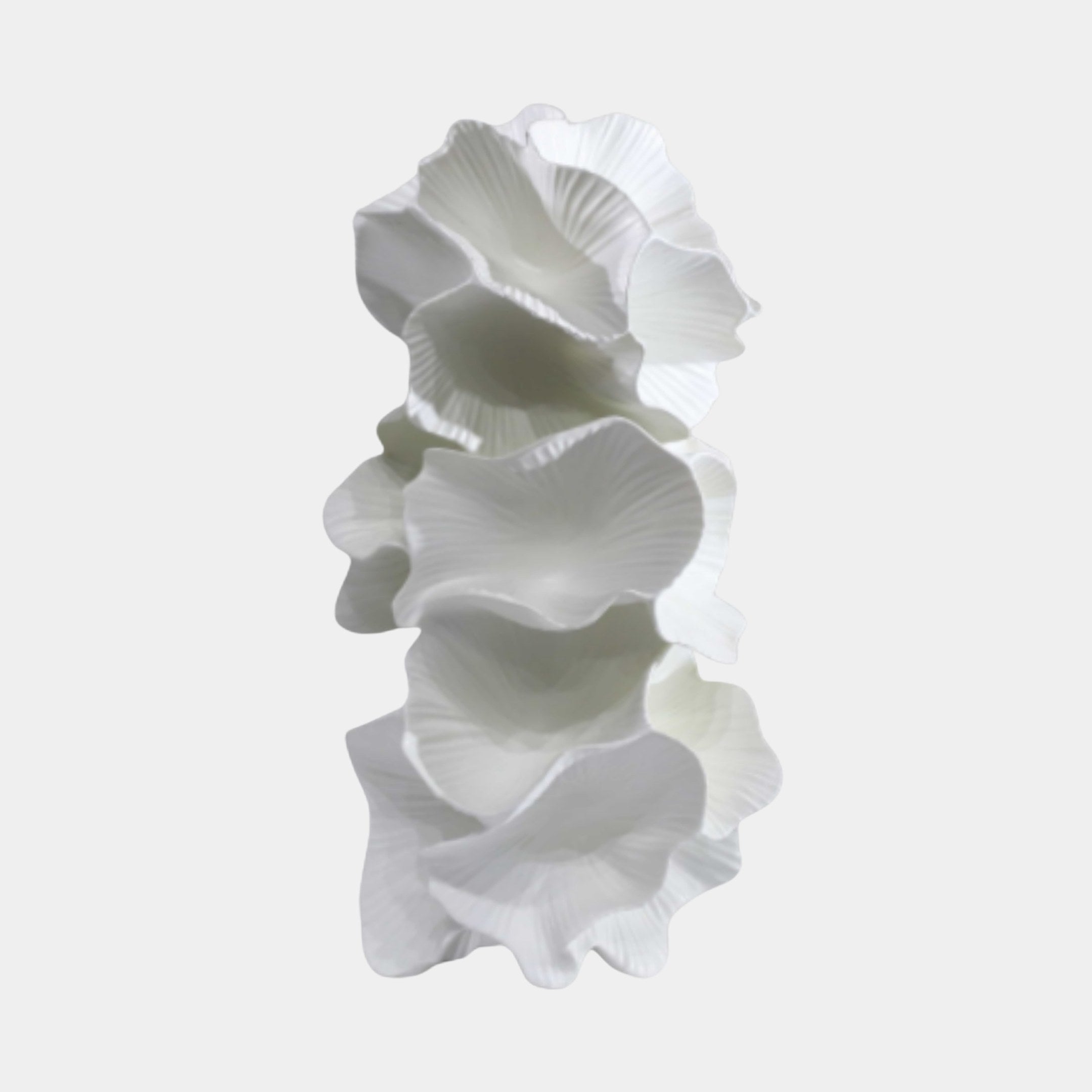 White Abstract Ruffled Shell Pair Sculpture by Giant Sculptures, 28cm, shown from above with stacked frilled coral-like forms in matte white on a plain background.