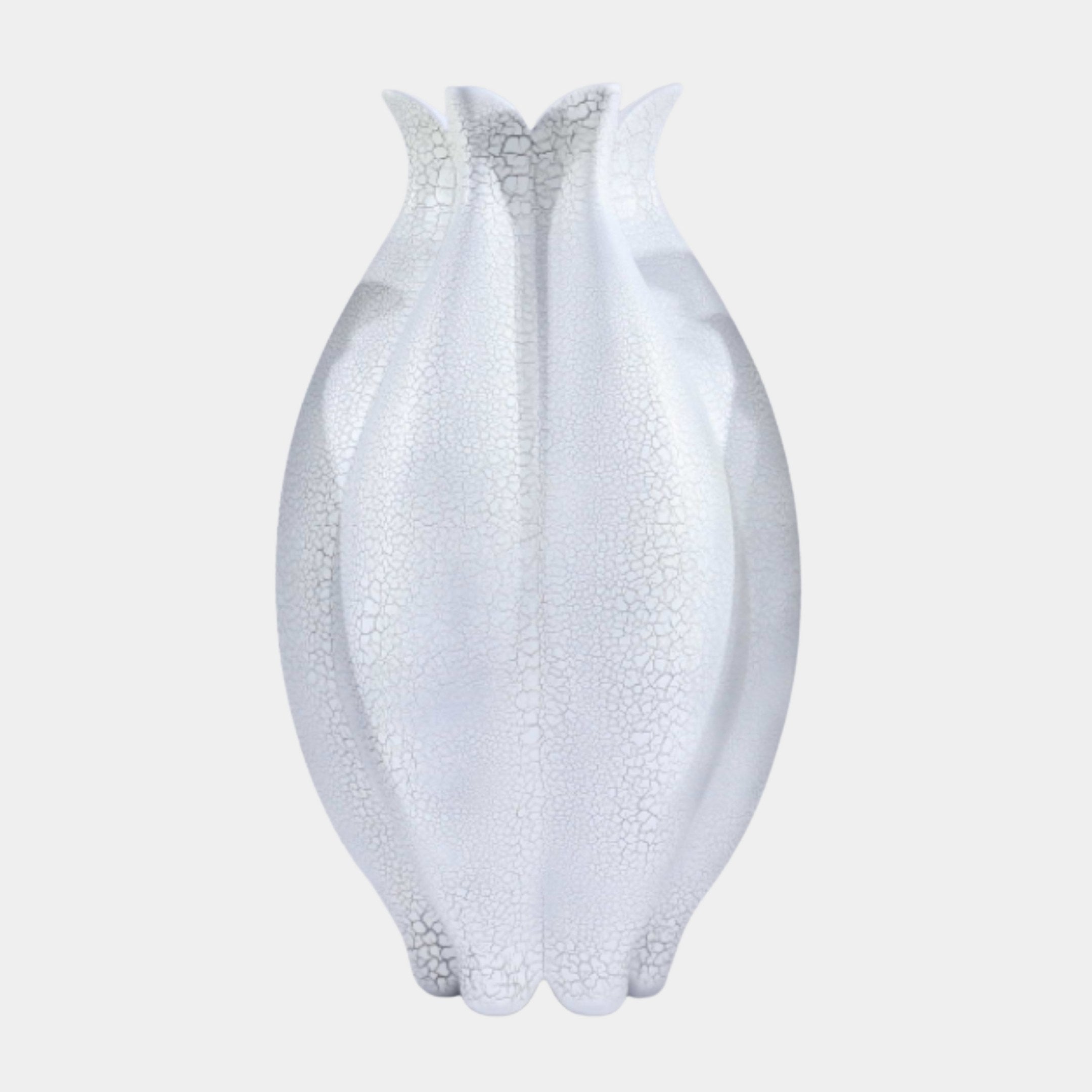 White Textured Tulip Vase 70cm by Giant Sculptures, a 3D-printed resin sculpture with curving petal tips and crackled-glaze finish on a plain background.