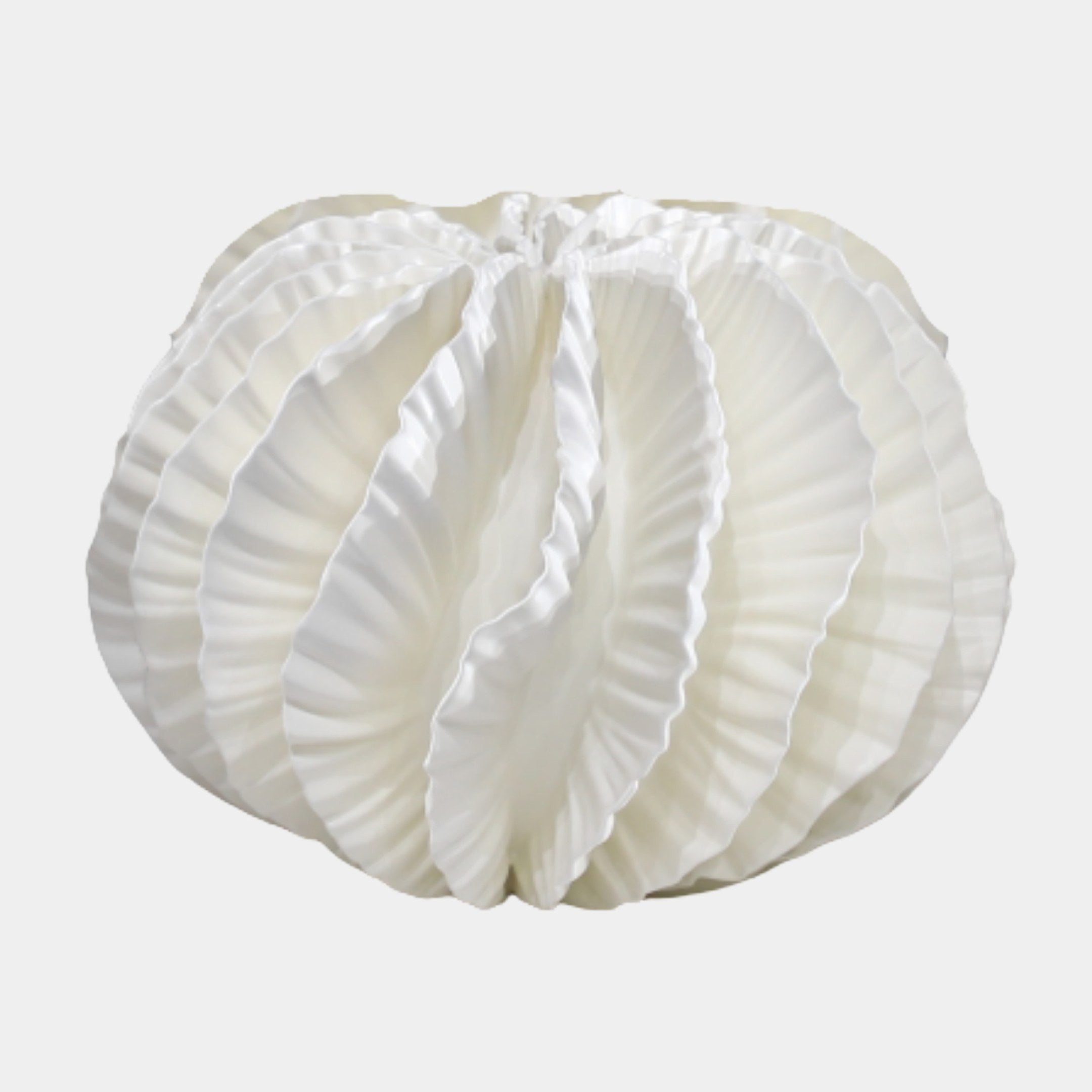 White Pleated Sphere Sculpture by Giant Sculptures, a 22cm 3D-printed resin form with radiating ruffled ridges in pure white, shown on a plain background.