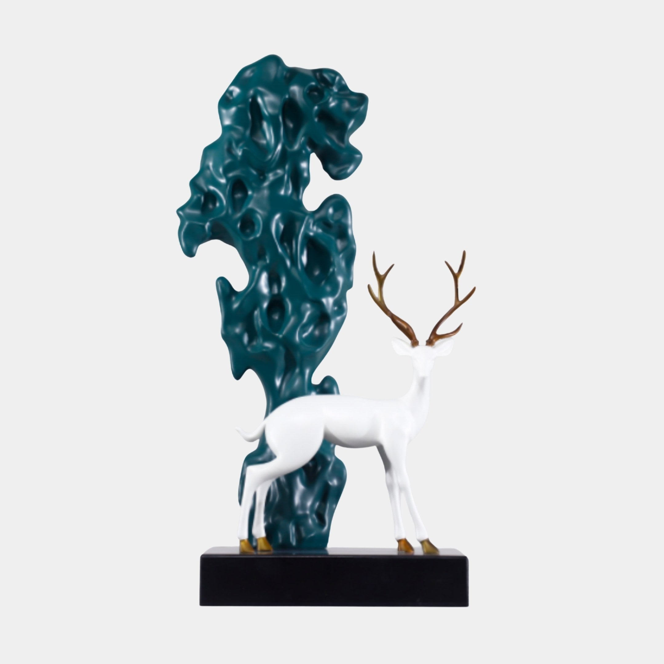 White Deer with Teal Rock Sculpture by Giant Sculptures, featuring a white stag with golden antlers beside a perforated teal scholar's rock on a black base.