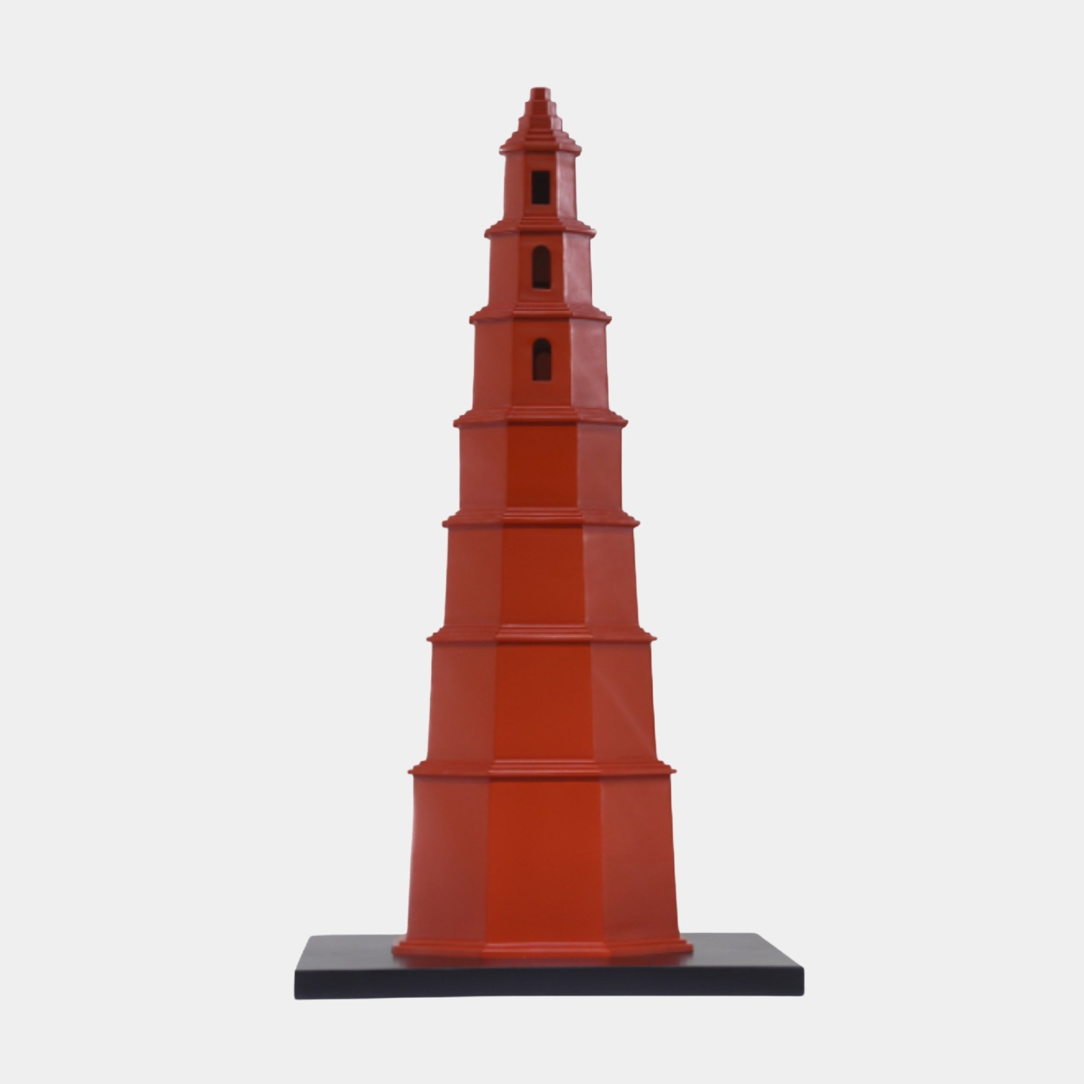 Red Pagoda Tower Sculpture by Giant Sculptures, a 72cm multi-tiered 3D-printed resin pagoda with arched windows and slender finial on a black base, shown against a plain background.