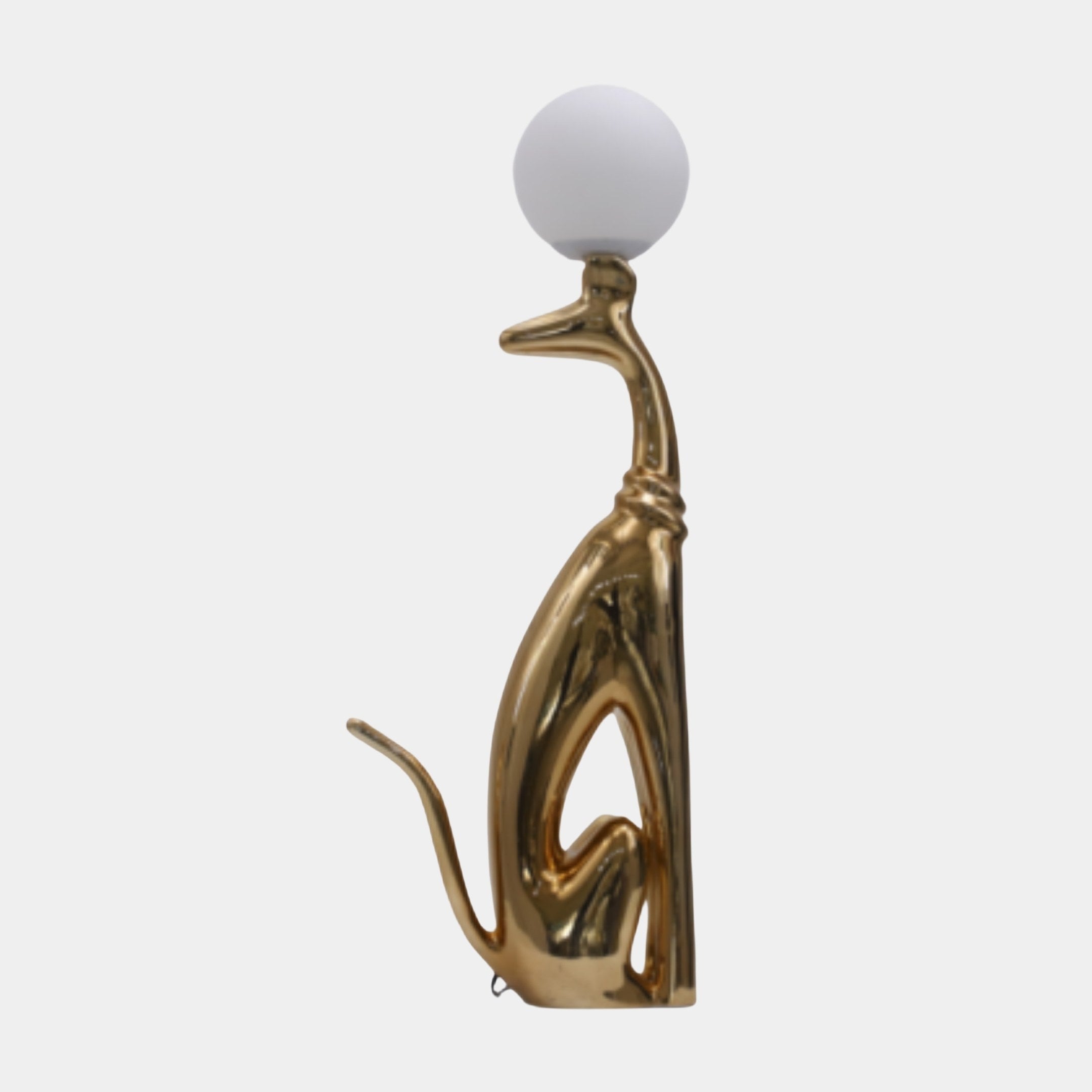 Gold Abstract Crane Bird Sculpture by Giant Sculptures, 70cm electroplated resin figure with a long neck balancing a white sphere, shown side-on against a plain background.