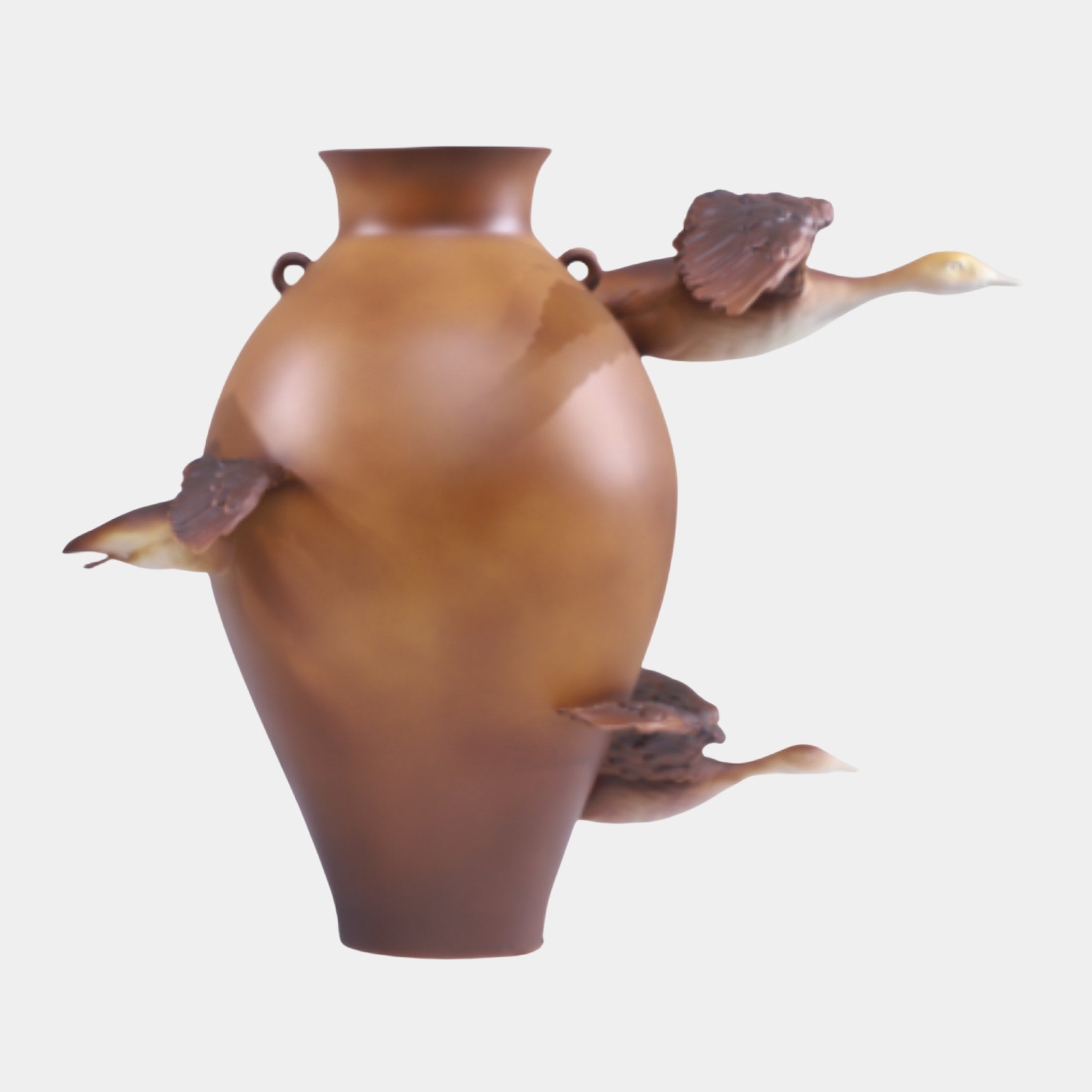 Brown Rustic Ceramic Vessel 50cm by Giant Sculptures, a rounded urn in earthy brown 3D-printed resin with flying geese encircling the body, on a plain background.