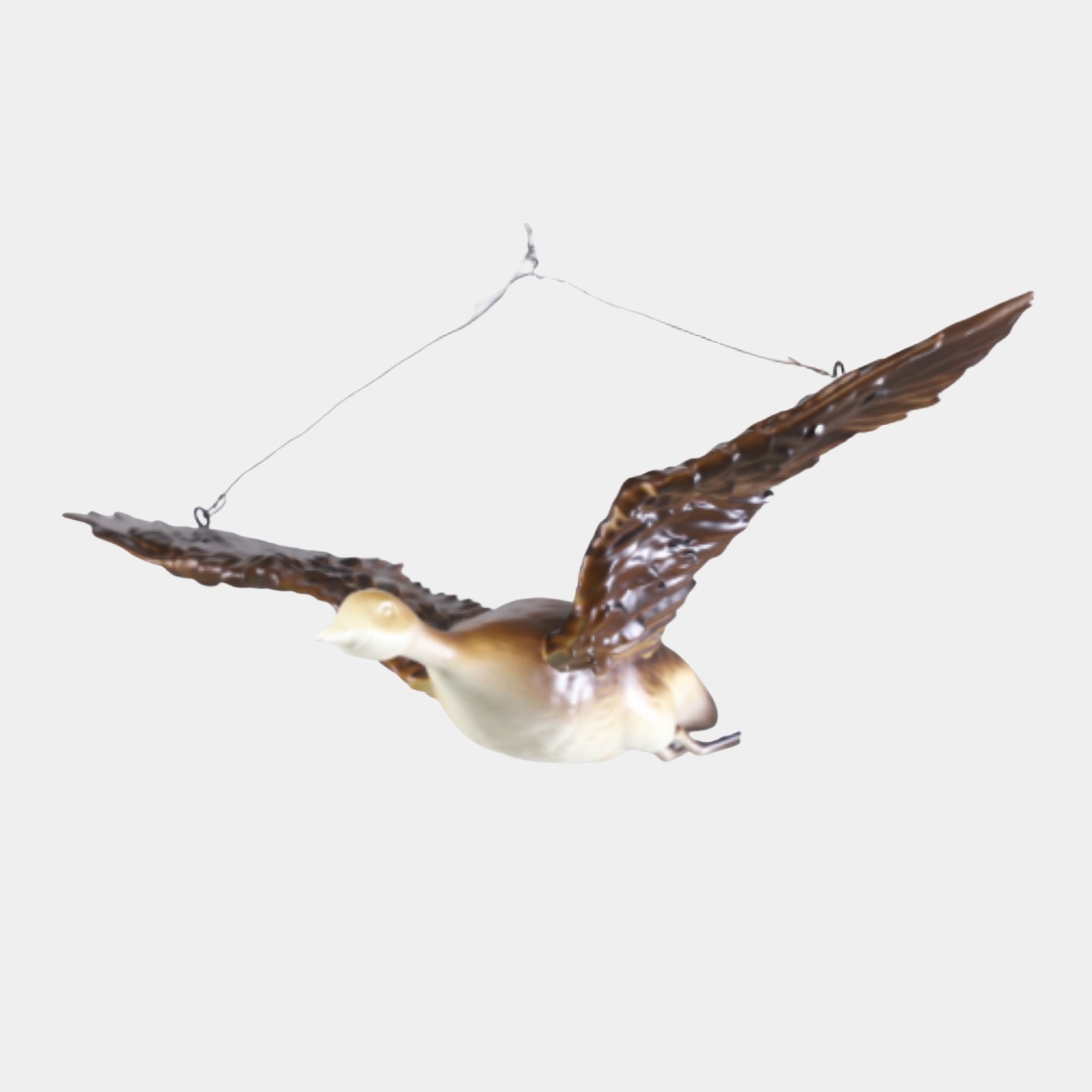 Gold Flying Goose Sculpture 40cm by Giant Sculptures, a 3D-printed resin goose mid-flight with outstretched brown wings and cream-gold body, suspended on wire.