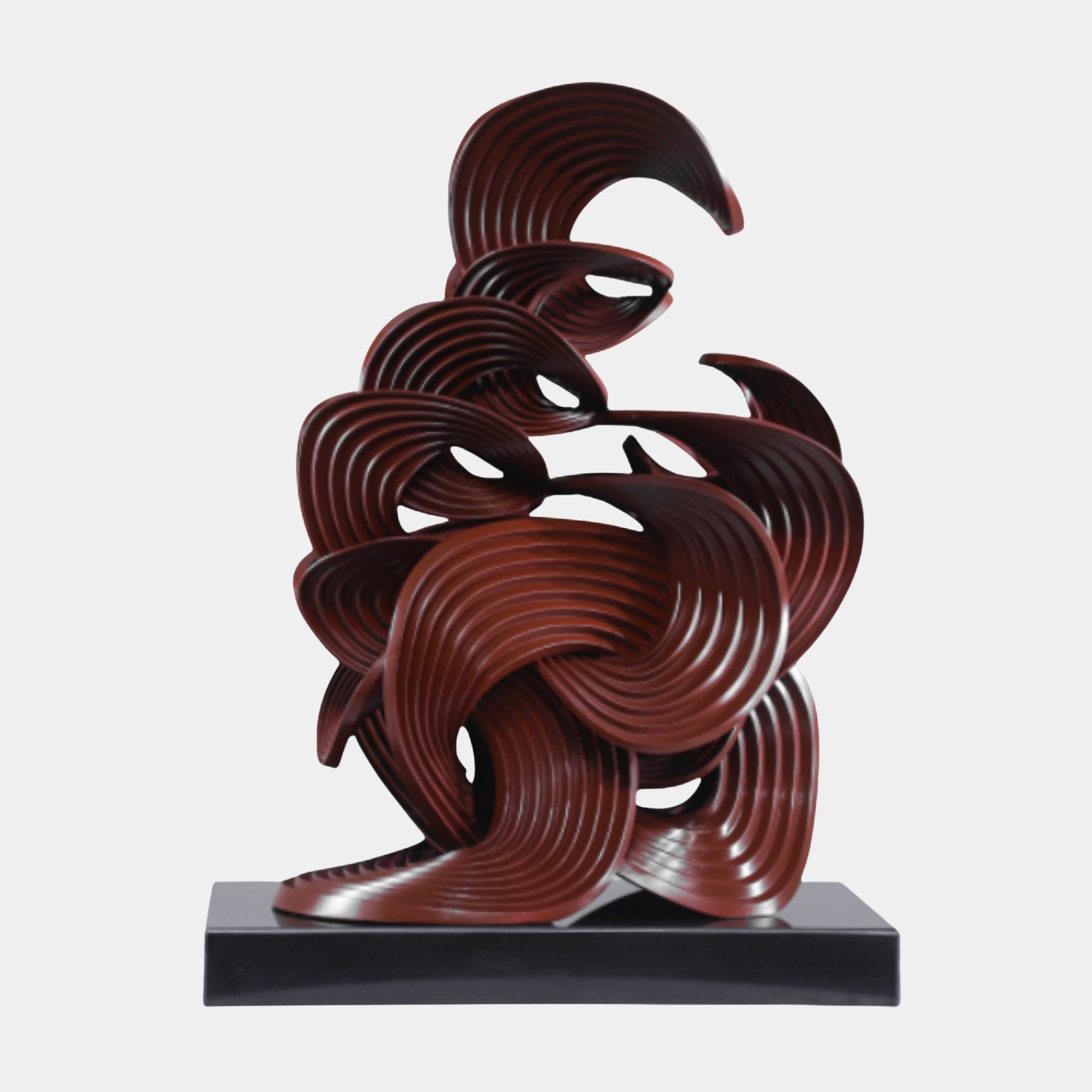 Giant Sculptures Brown Concentric Ring Wave Sculpture 60cm in 3D-printed resin with ribbed swirling forms on a black marble base, shown on plain background.
