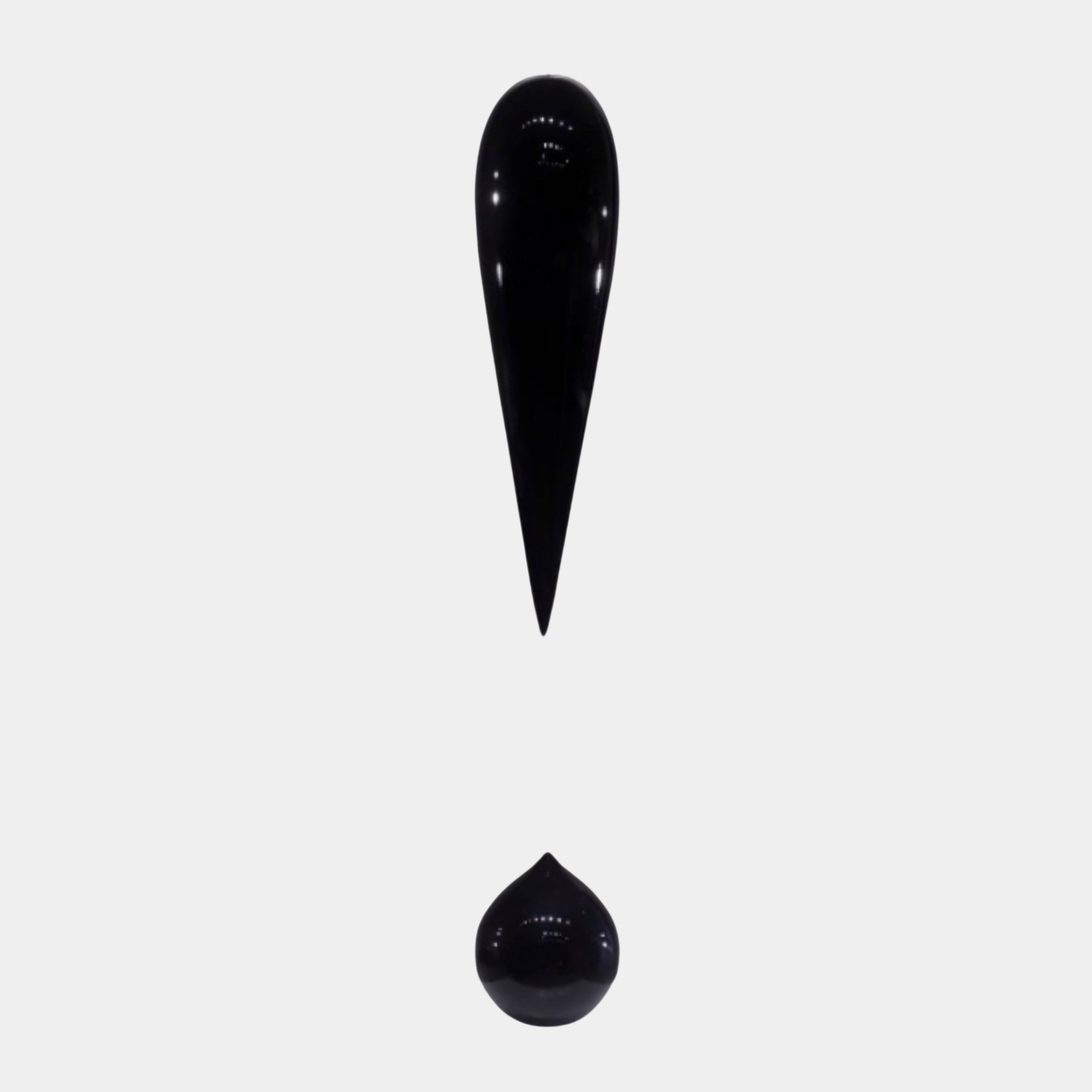 Giant Sculptures Black Abstract Teardrop 60cm, glossy 3D-printed resin forms shaped like a tall elongated drop above a small rounded drop on a plain background.