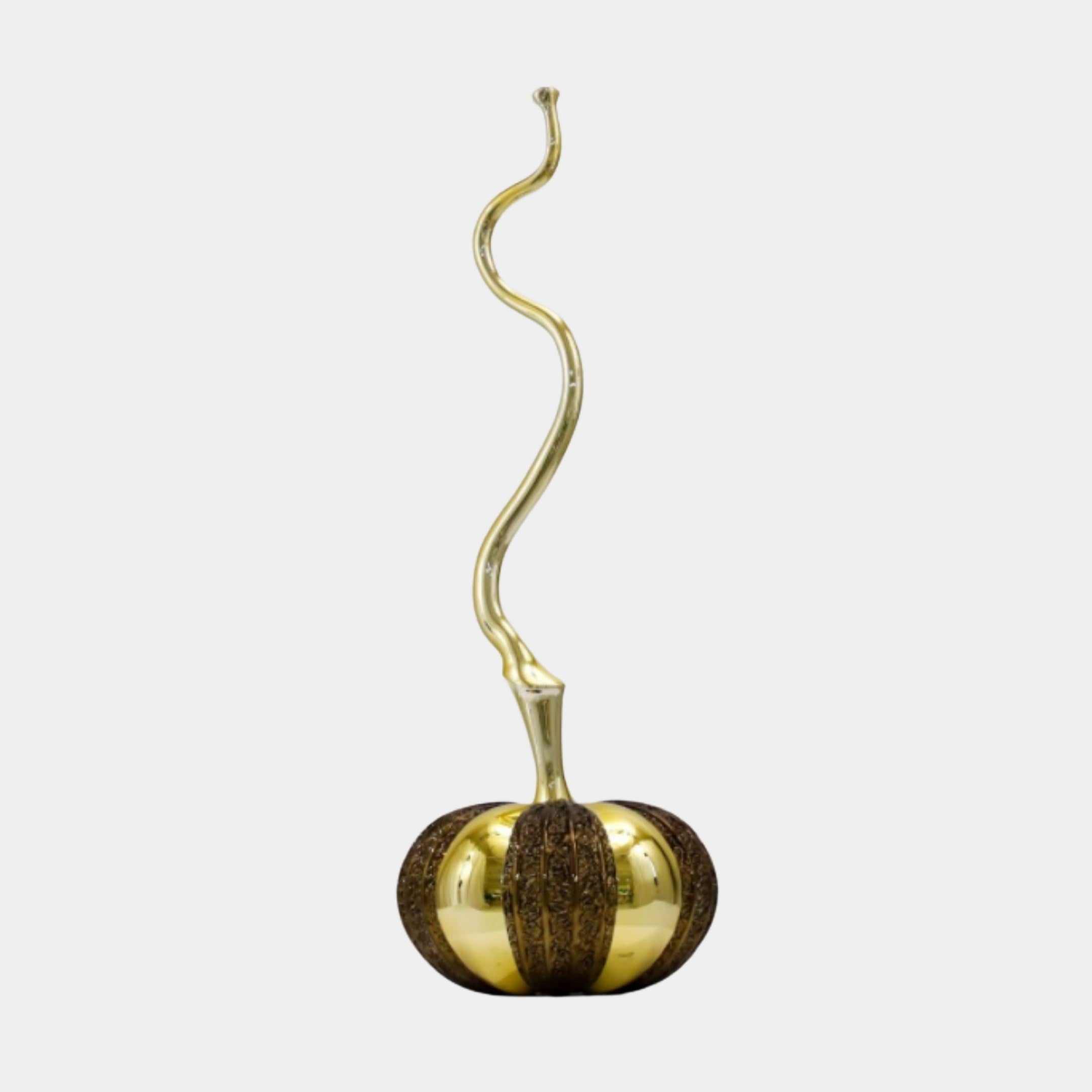 Giant Sculptures Gold Slender Snake Vine on Sphere Sculpture, 85cm, with a ribbed gold and dark-textured sphere and twisting vine stem on a plain background.