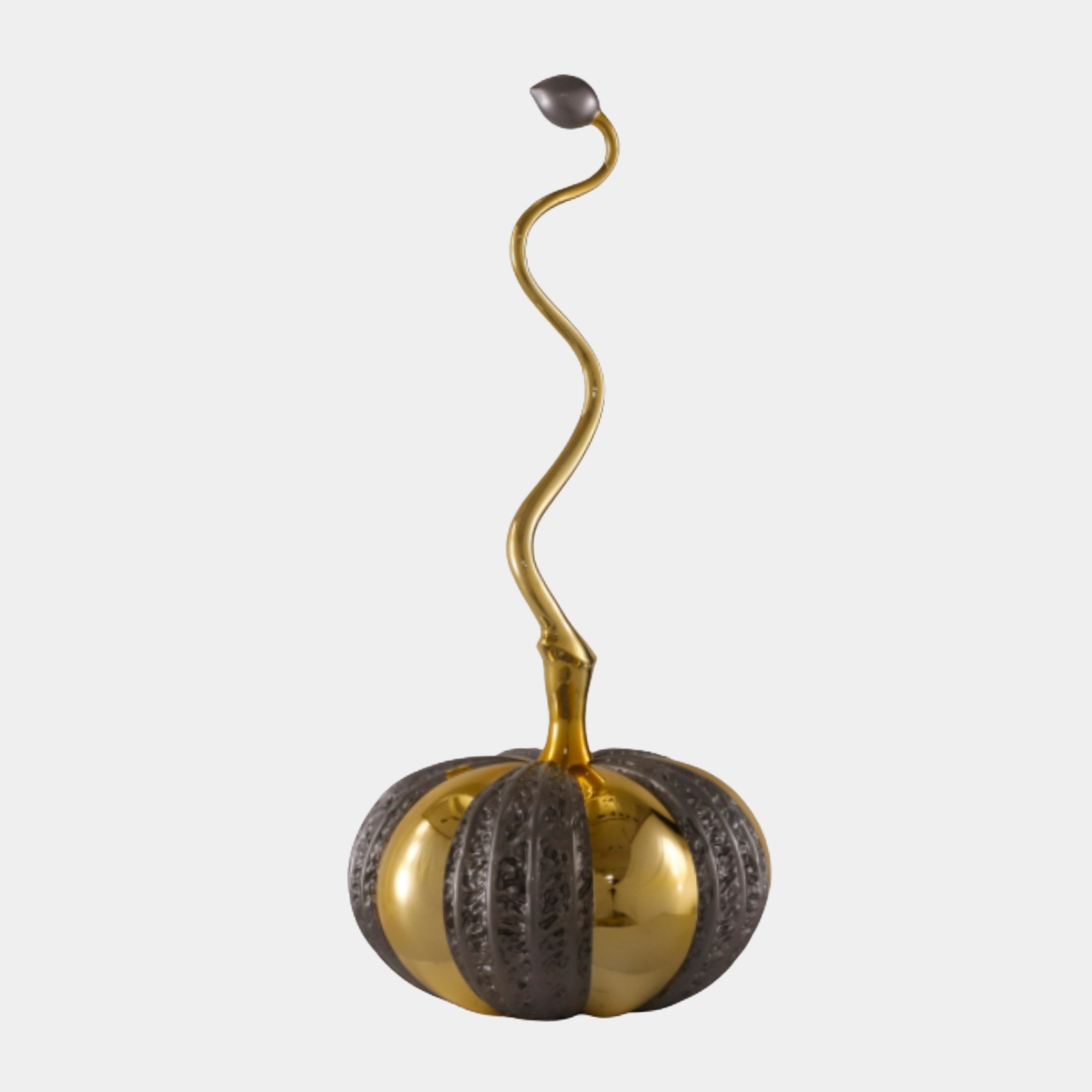 Giant Sculptures Gold Slender Snake Vine on Sphere Sculpture, 87cm, with a ribbed gold and dark patterned orb and twisting vine stem on a plain background.