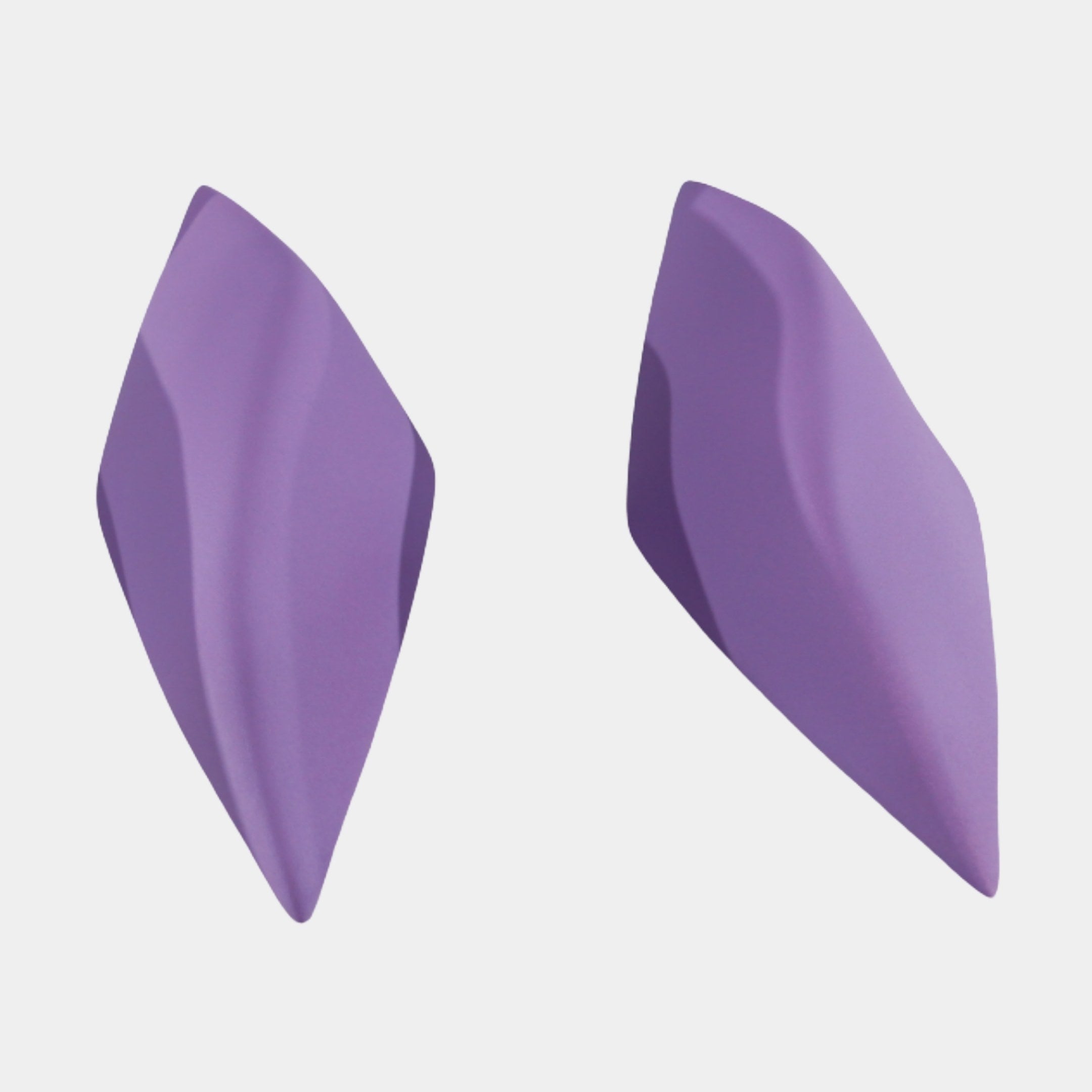 Giant Sculptures Purple Frosted Petal Set, two matte purple resin petal forms with tapered points and softly twisted curves, shown on a plain background.