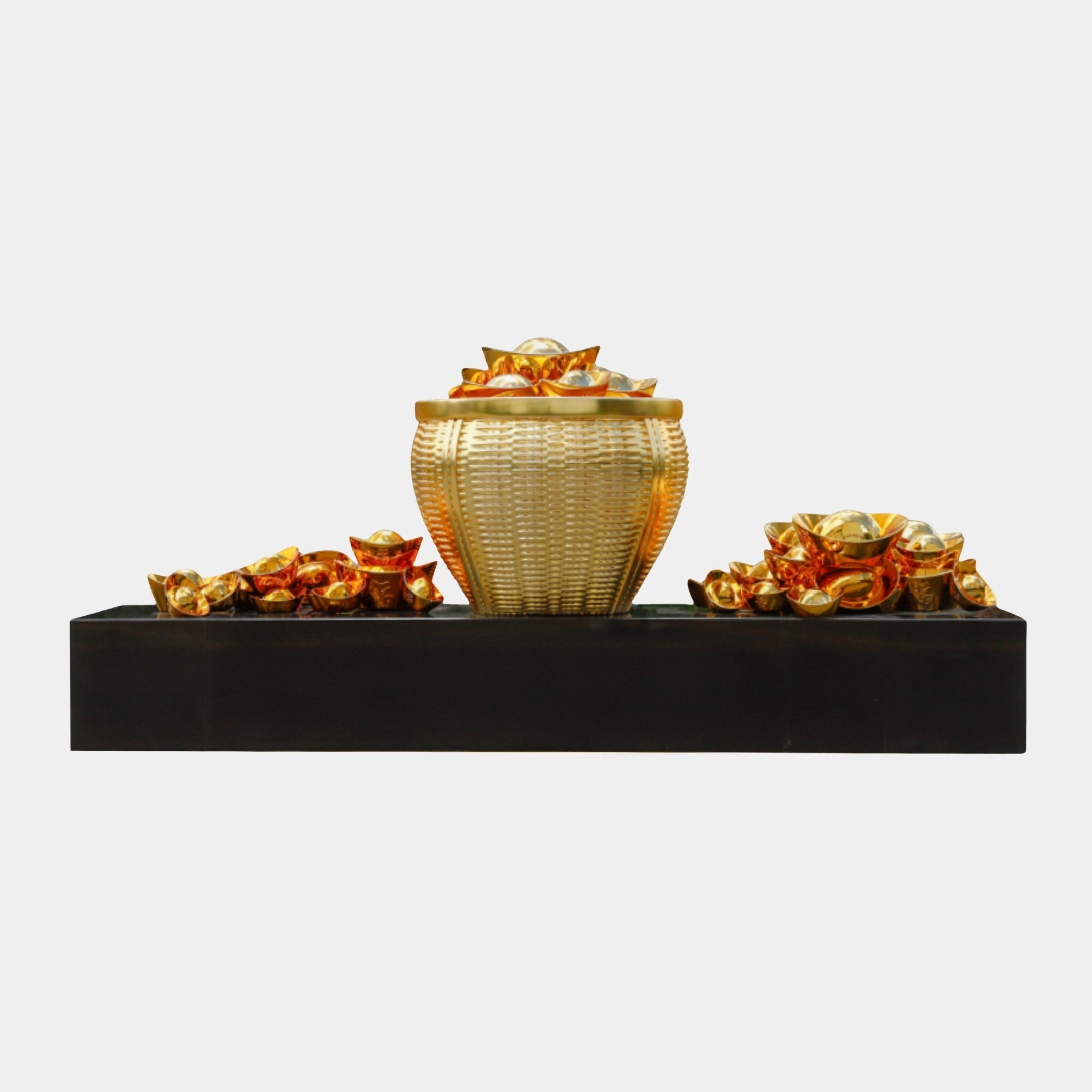 Giant Sculptures Gold Fortune Basket with Ingots Sculpture 280cm, woven gold resin basket overflowing with ingots on a black base, plain background.