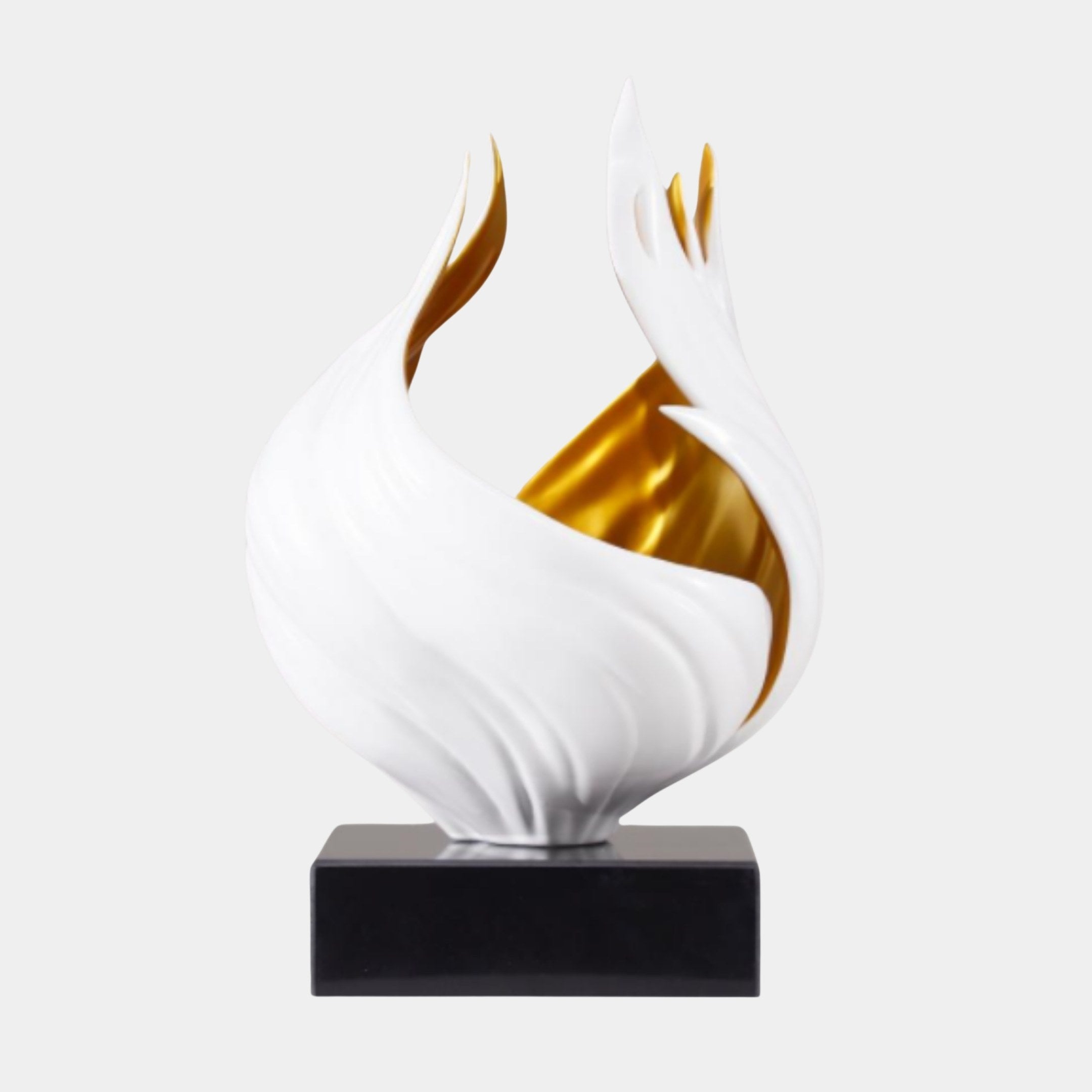 White and Gold Abstract Swan Sculpture by Giant Sculptures, featuring sweeping white wings with a polished gold interior, mounted on a black base against a plain background.