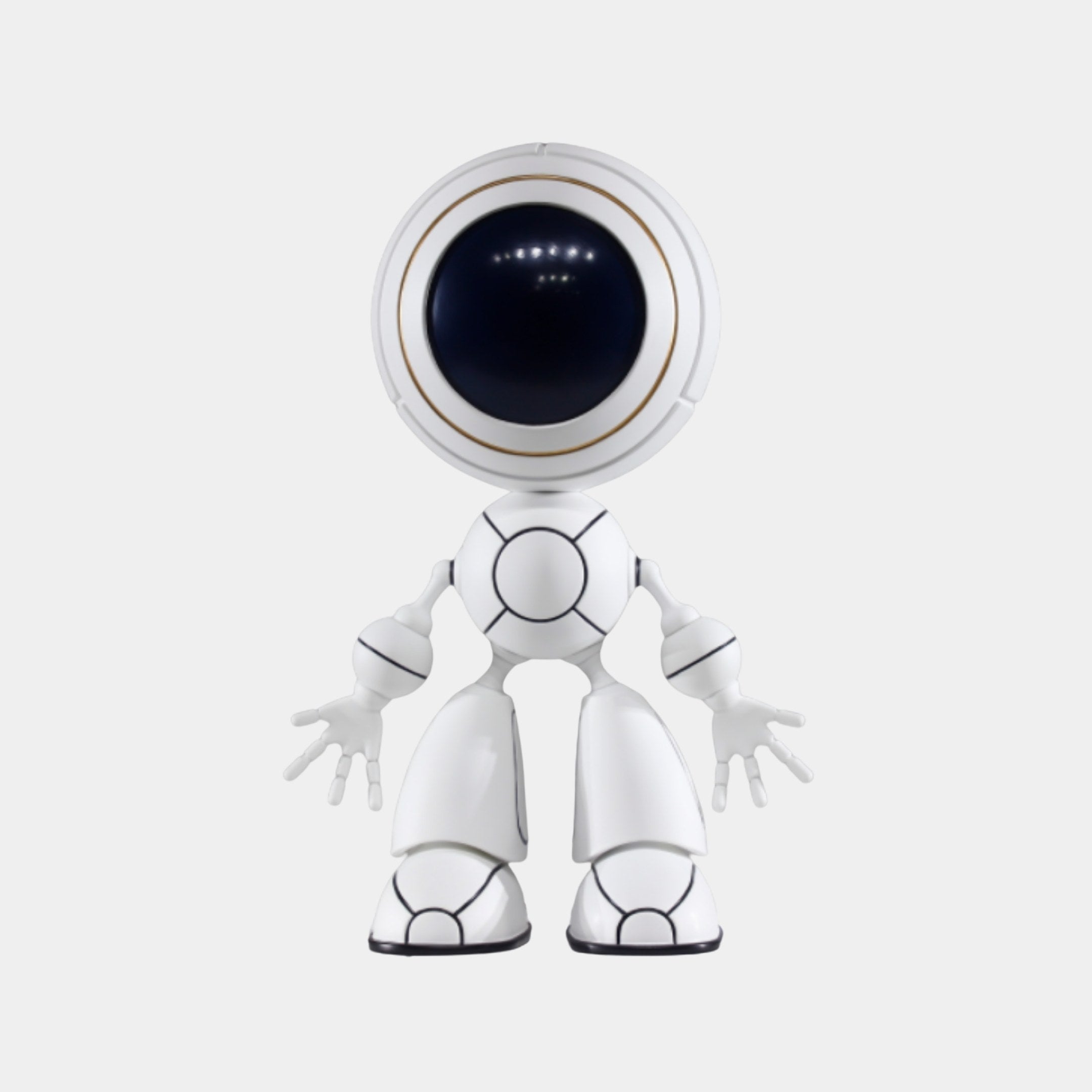 White Astronaut Figure Standing Sculpture 50cm by Giant Sculptures, 3D-printed resin figure with a large glossy navy visor and open hands, on a plain background.