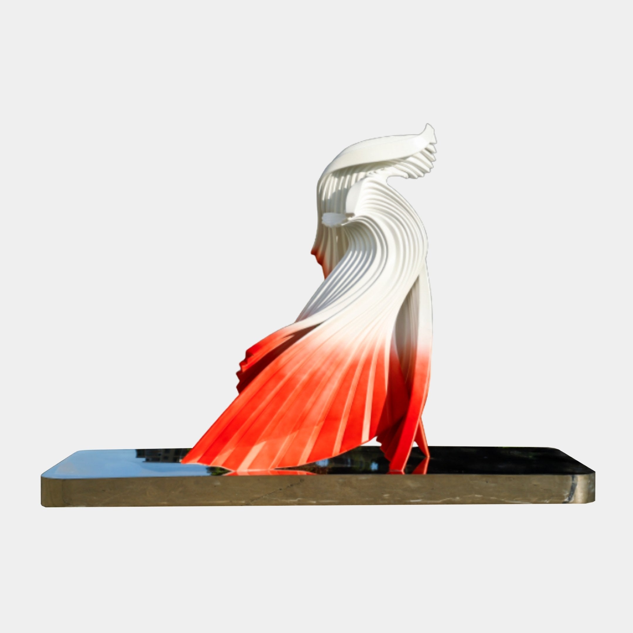 Red and White Crane Bird Sculpture by Giant Sculptures, 205cm, with pleated fan-textured wings curving upward in a white-to-red gradient on a polished steel base.