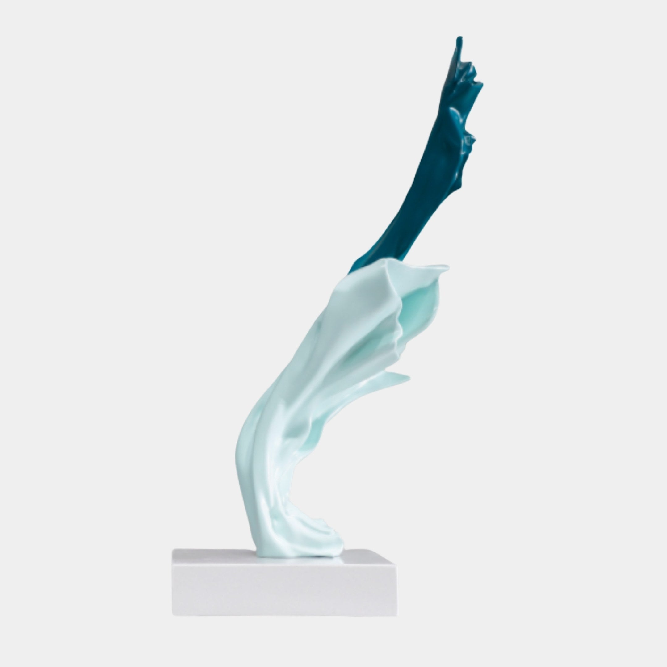 Giant Sculptures' 70cm Teal and Blue Abstract Flowing Figures Sculpture in 3D-printed resin, rising from a milky white base into a deep teal tip on a white plinth.